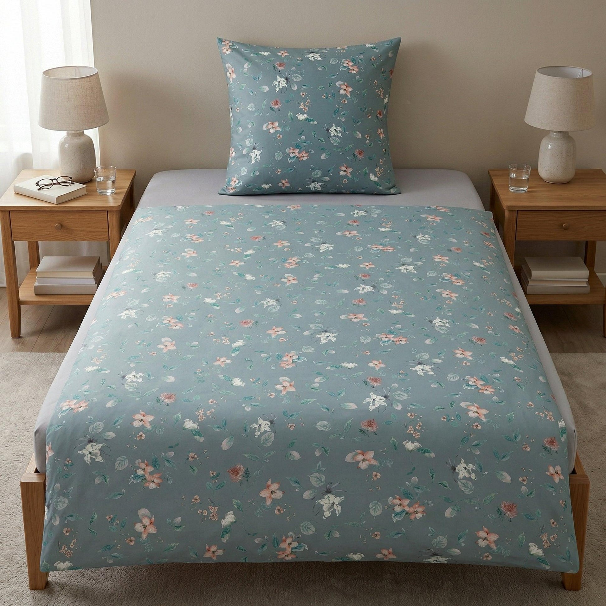 Blaugrüne Bettwäsche mit zartem Blumenmuster auf gemachtem Bett.