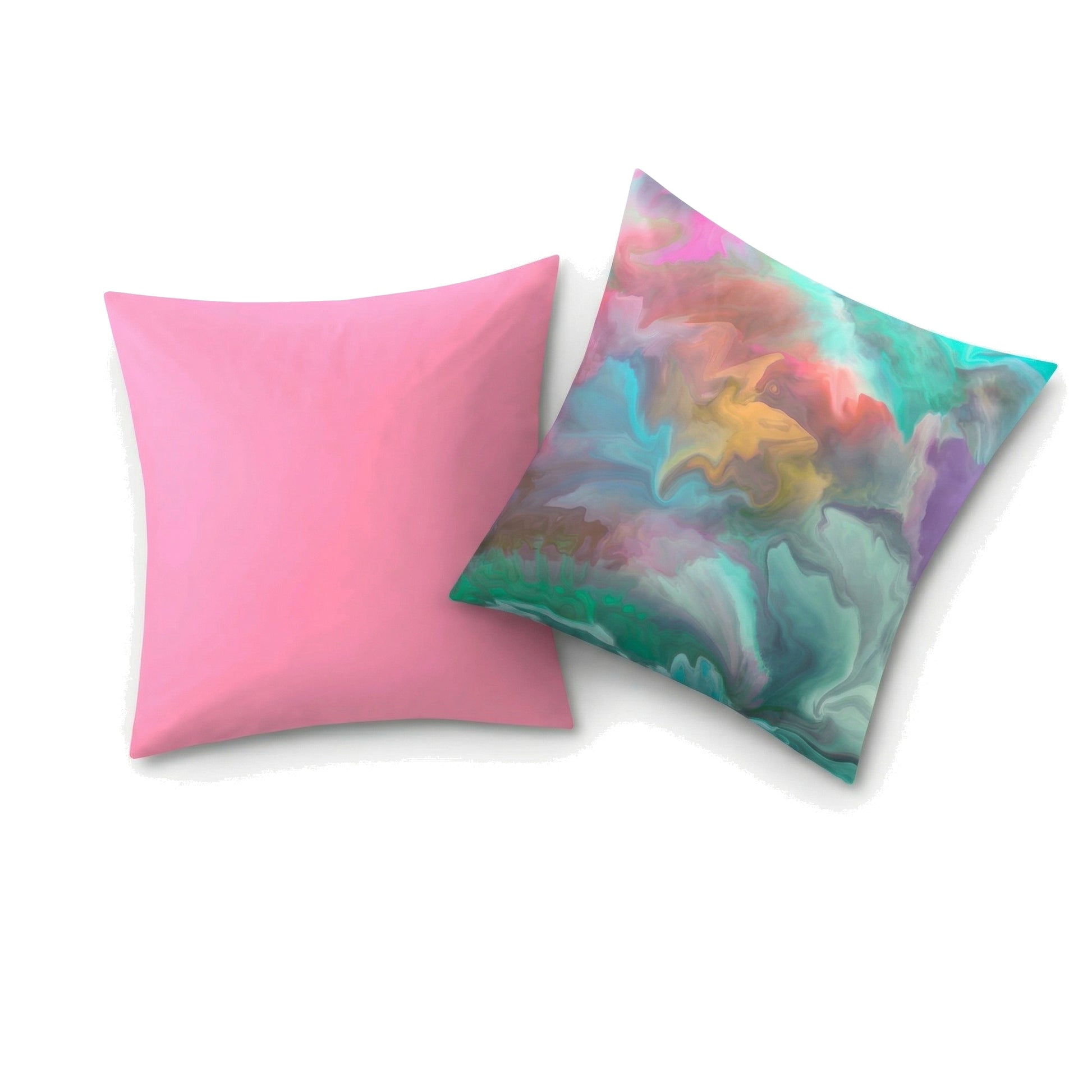 Kopfkissenüberzug in Rosa mit abstraktem, buntem Marmormuster.