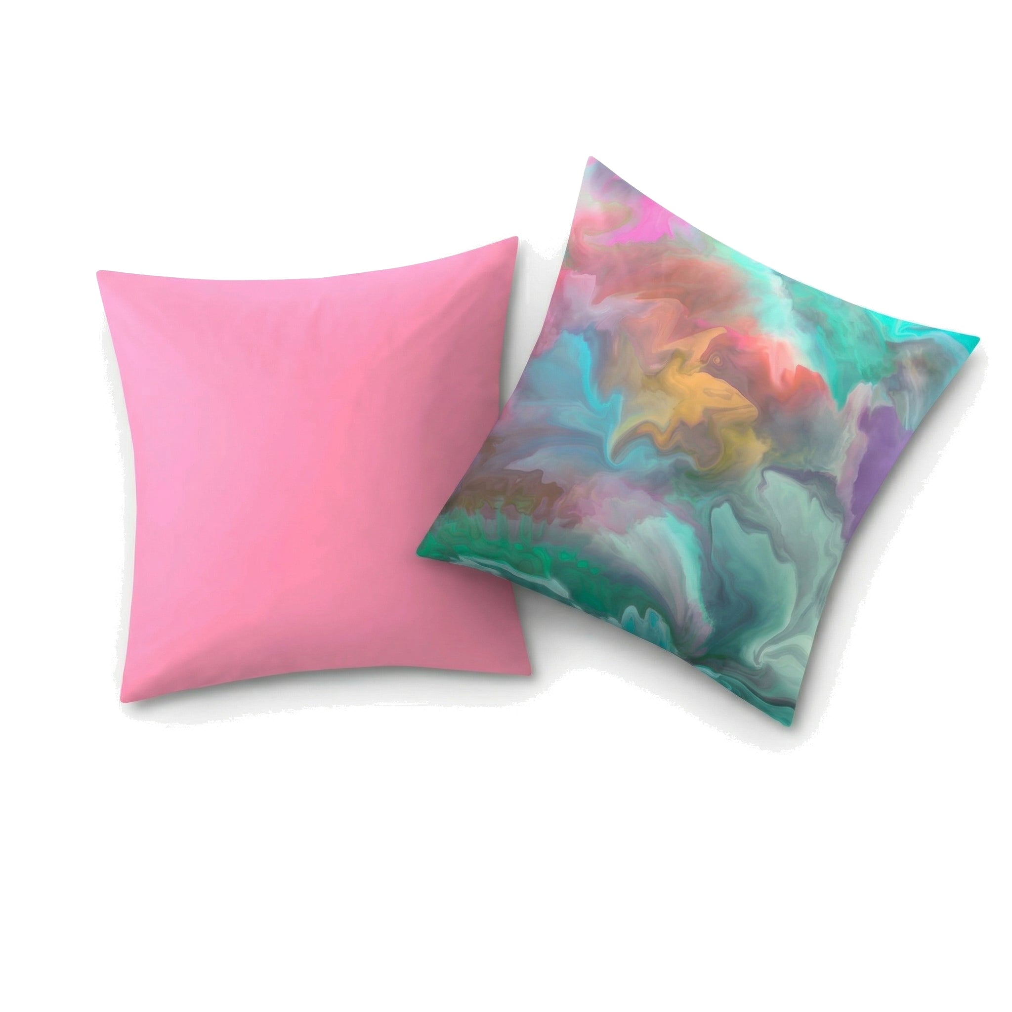 Kopfkissenüberzug in Rosa mit abstraktem, buntem Marmormuster.