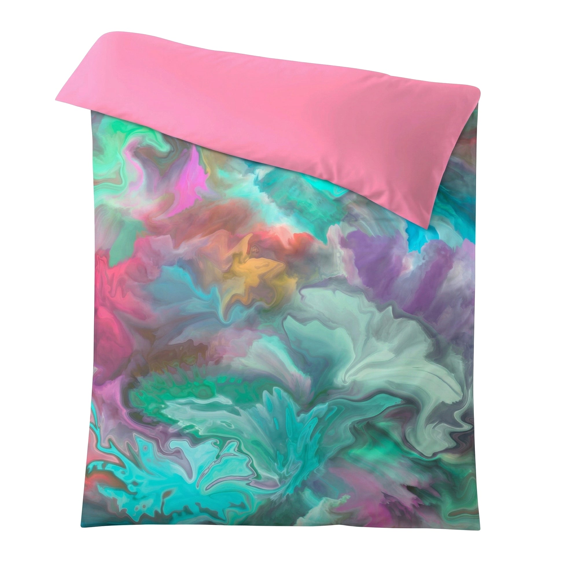 Bettwäsche mit abstraktem Muster in Türkis, Pink und Lila.