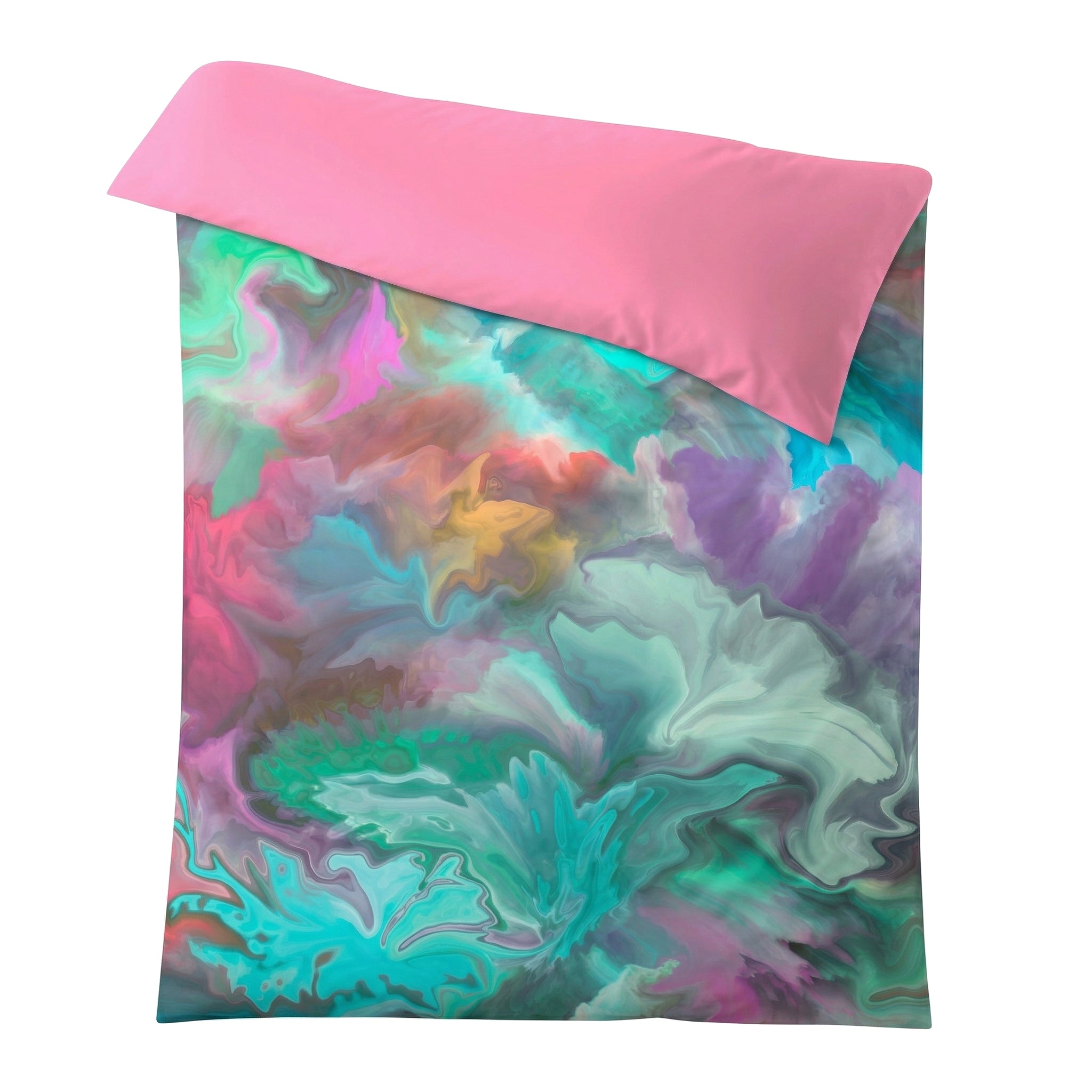 Bettwäsche mit abstraktem Muster in Türkis, Pink und Lila.