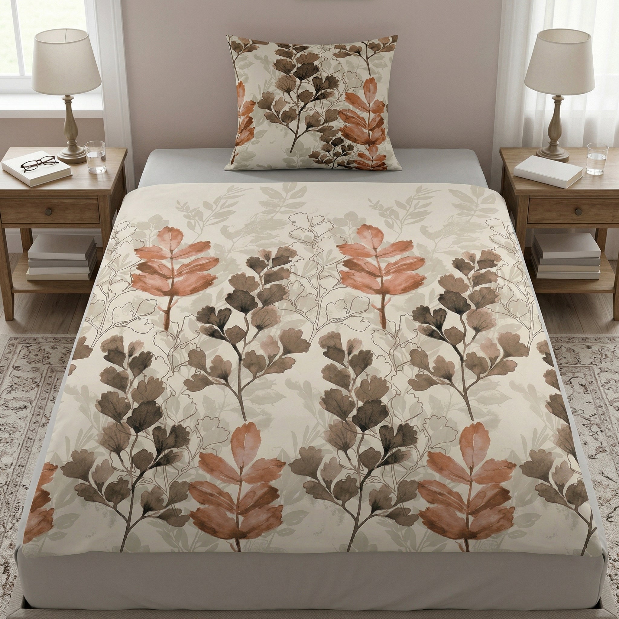 Bettwäsche mit floralem Muster in Beige, Braun und Rostrot.