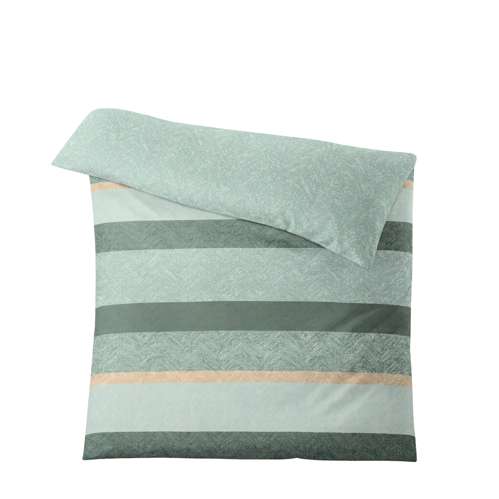 Mintgrüne Bettwäsche mit Streifen und feinem Fischgrätmuster.