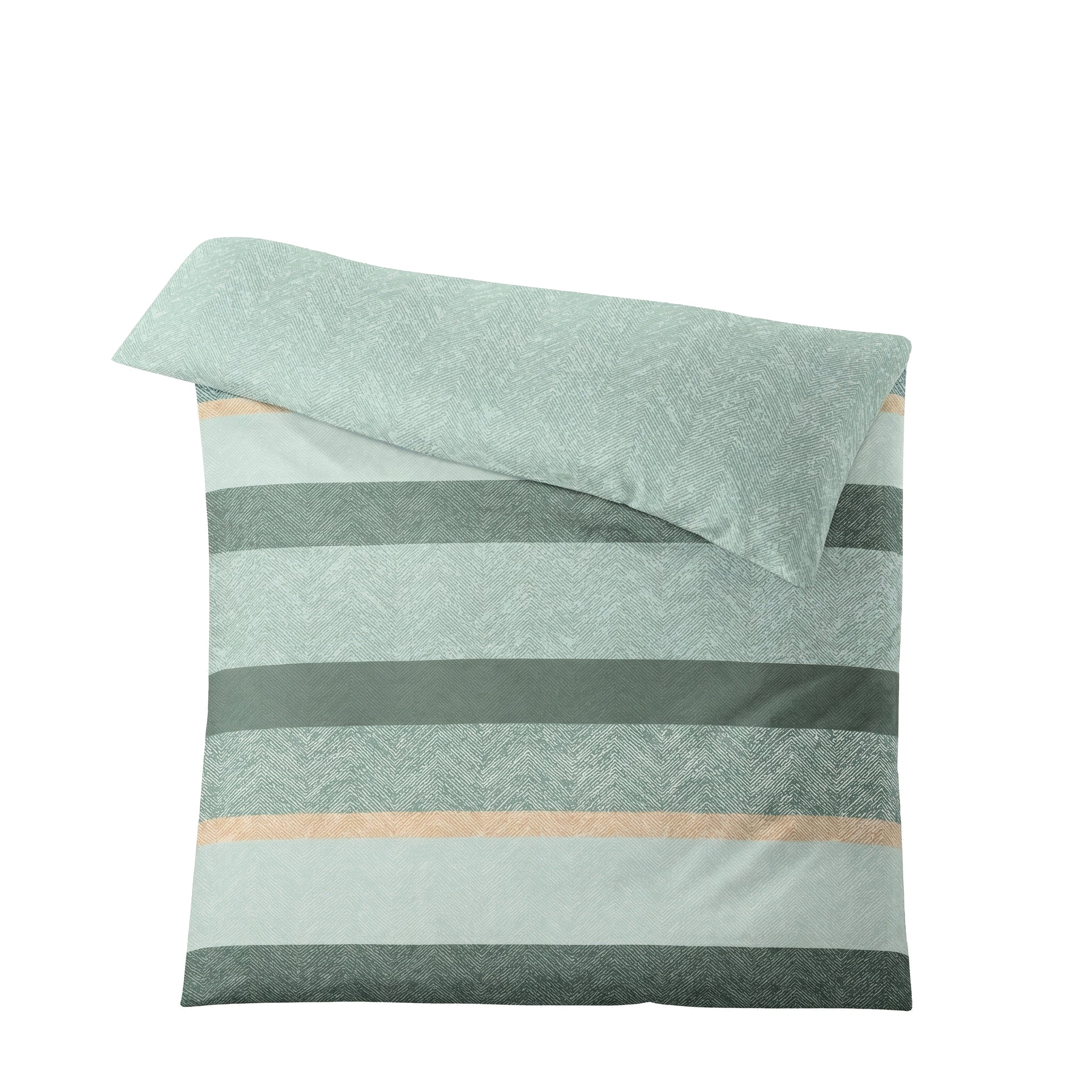Mintgrüne Bettwäsche mit Streifen und feinem Fischgrätmuster.