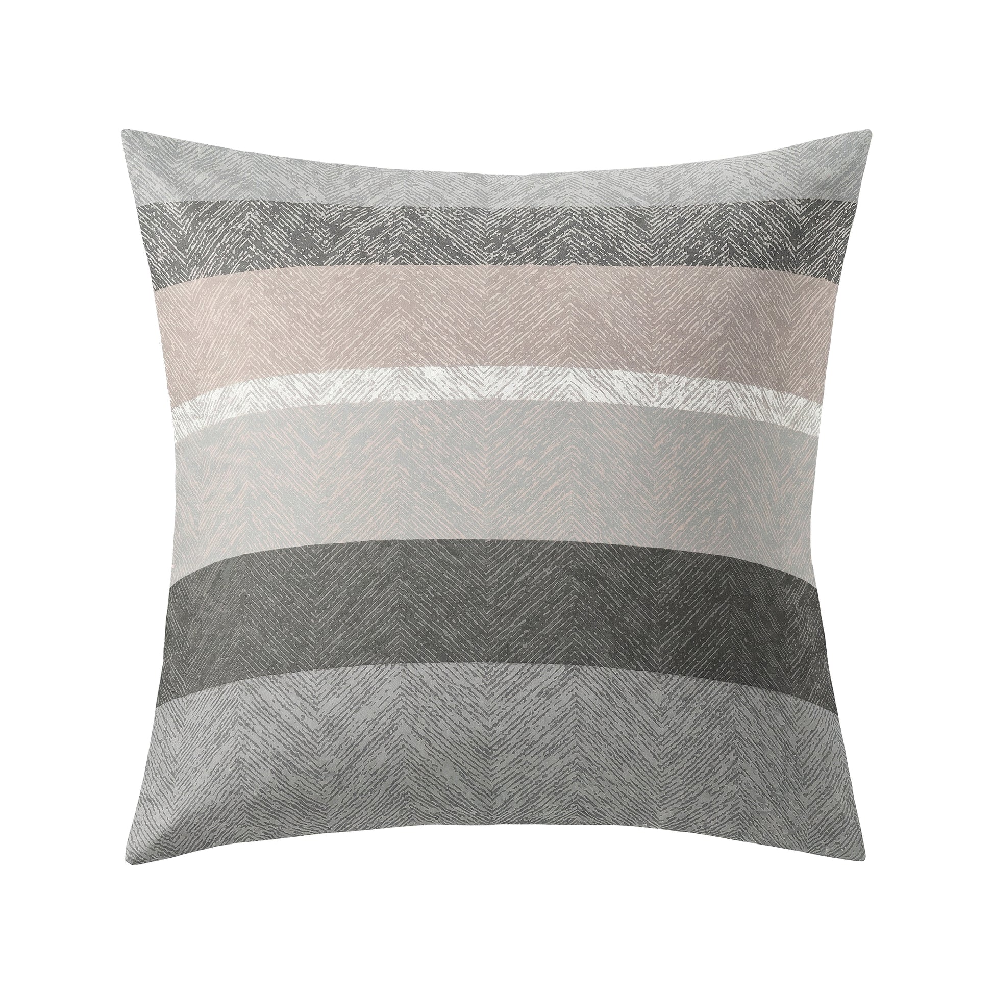 Kopfkissenüberzug mit breiten Streifen in Grau, Beige und Weiß.