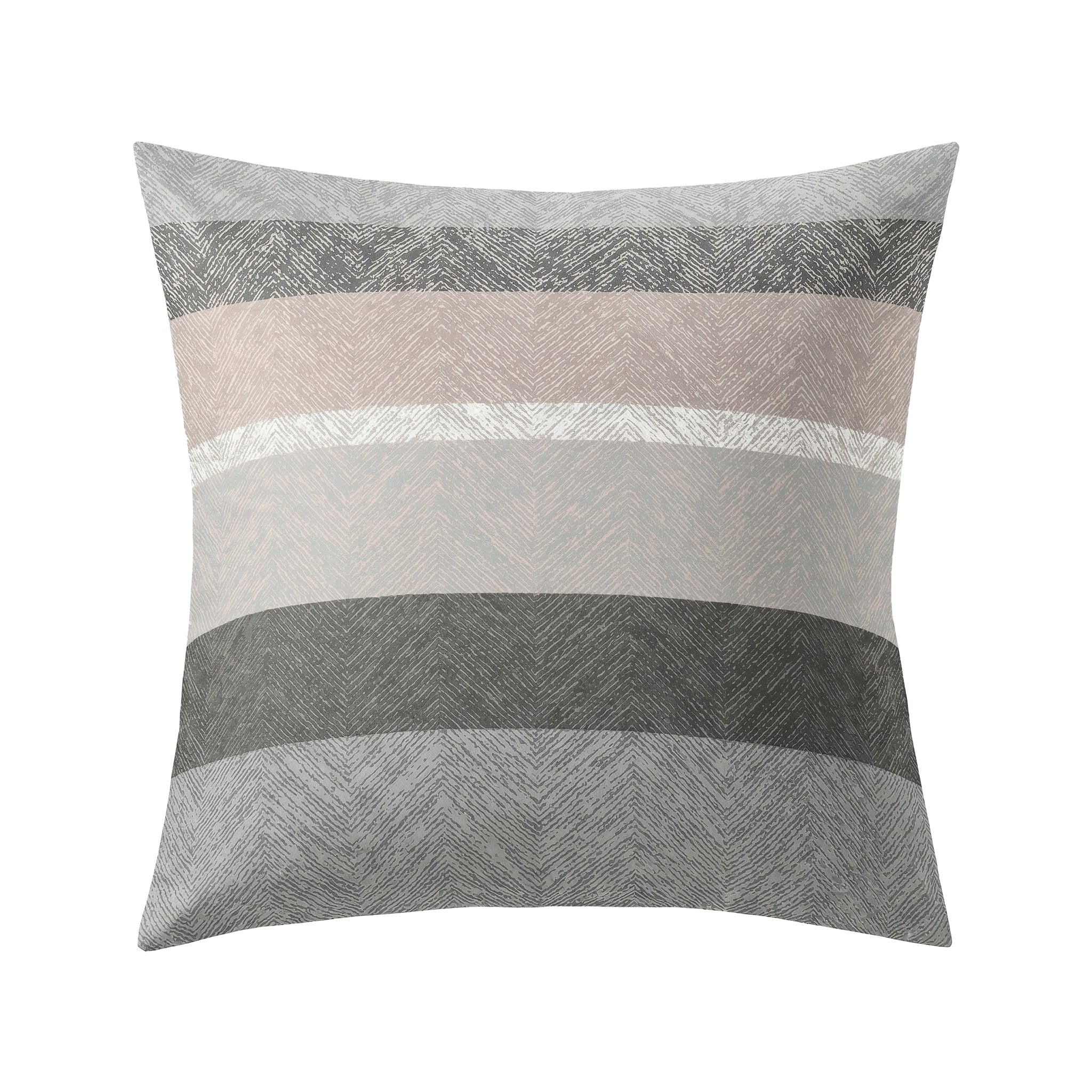 Kopfkissenüberzug mit breiten Streifen in Grau, Beige und Weiß.