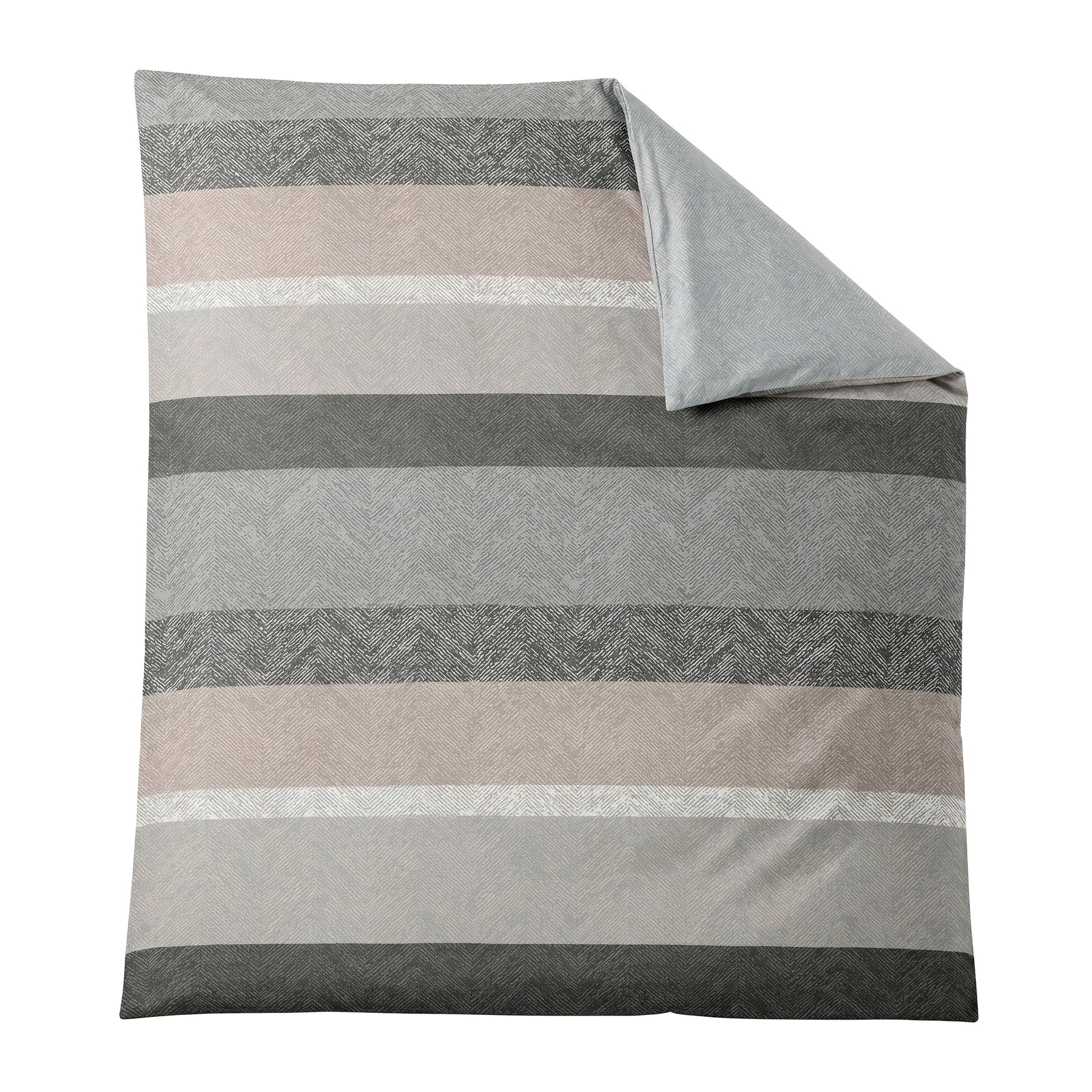 Gestreifte Bettwäsche in Grau, Beige und Weiß mit Fischgrätmuster.