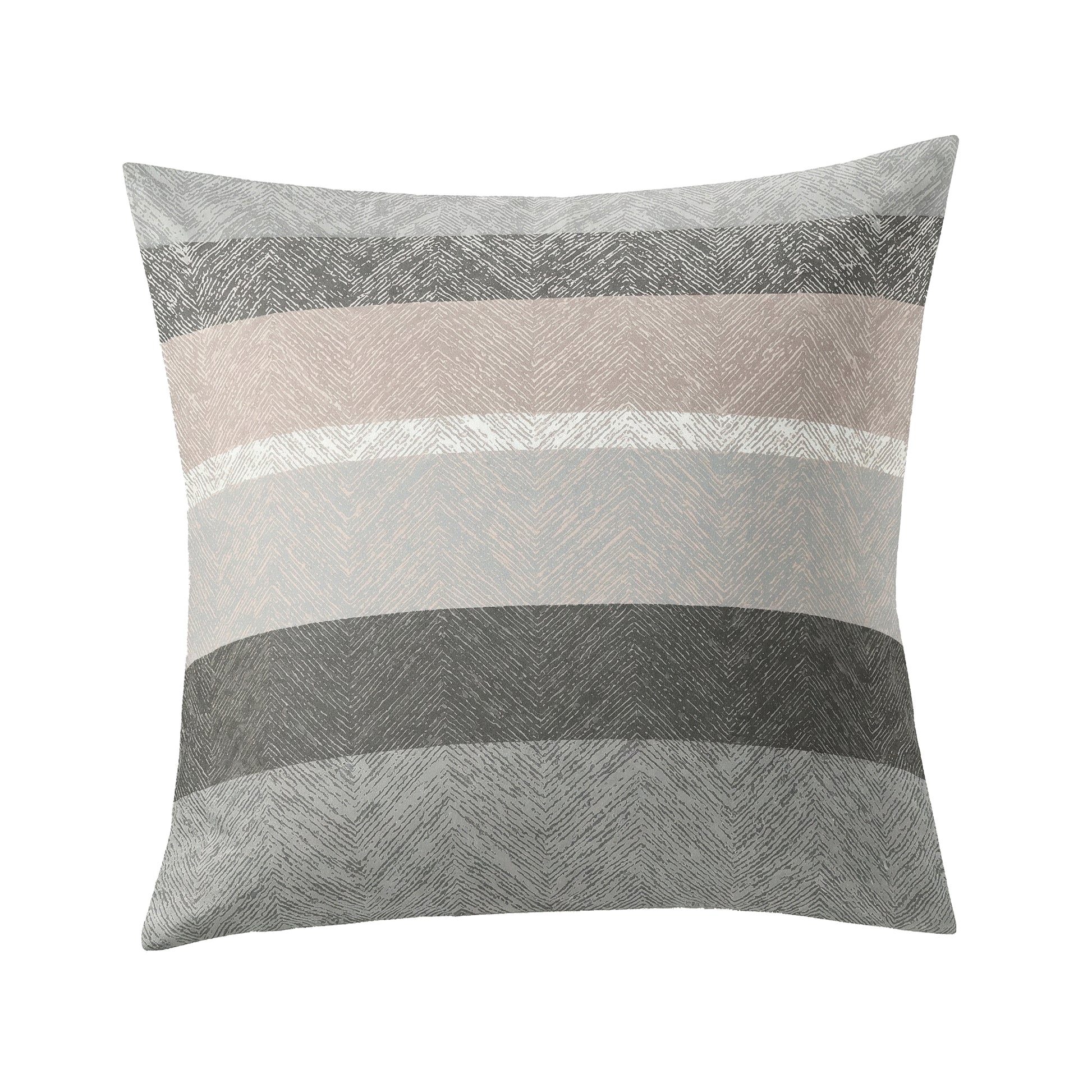Kopfkissenbezug mit breiten Streifen in Grau, Beige und Weiß.