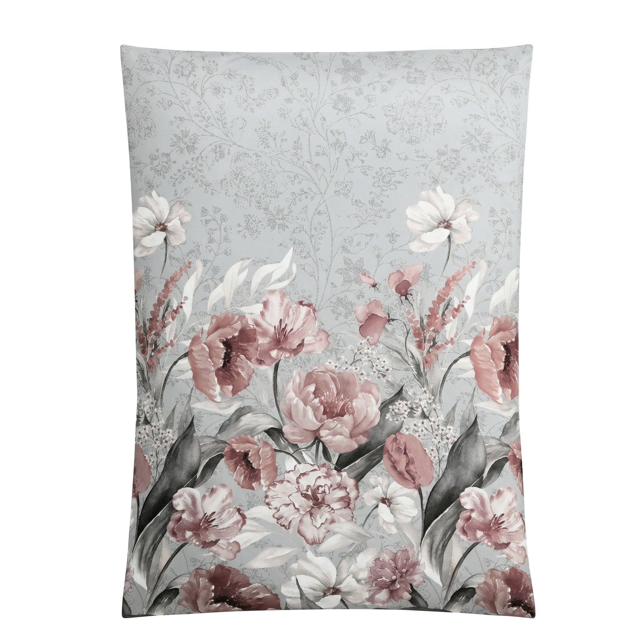 Hellblaue Bettwäsche mit rosa Blumenmuster und feinen Ranken.