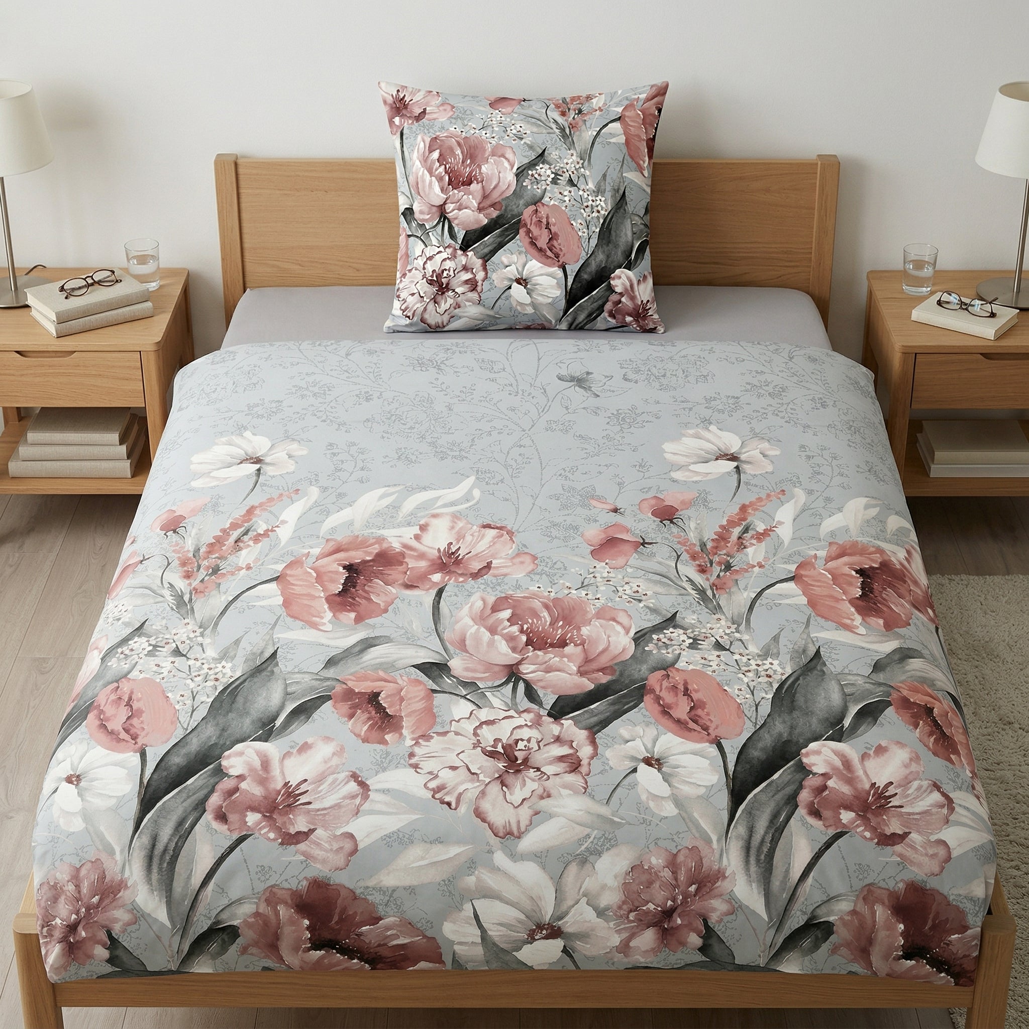 Blumen-Bettwäsche auf Holzbett, dekoriert mit Nachttischen und Lampen.