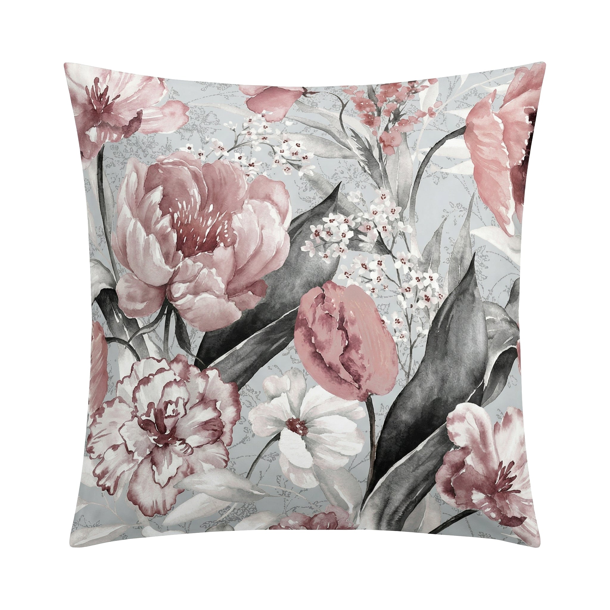 Kopfkissenüberzug mit rosa Blumenmuster auf hellblauem Grund.