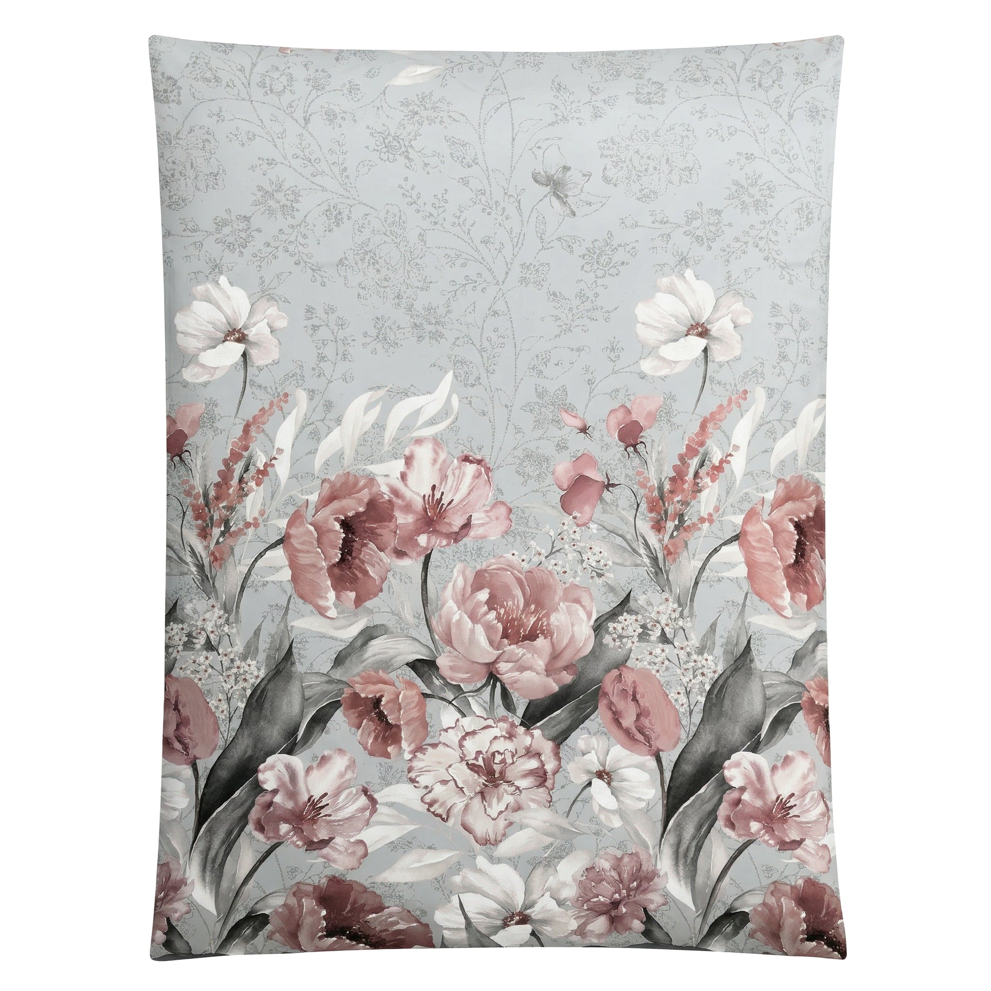 Hellblaue Bettwäsche mit floralem Muster in Rosa, Weiß und Grau.