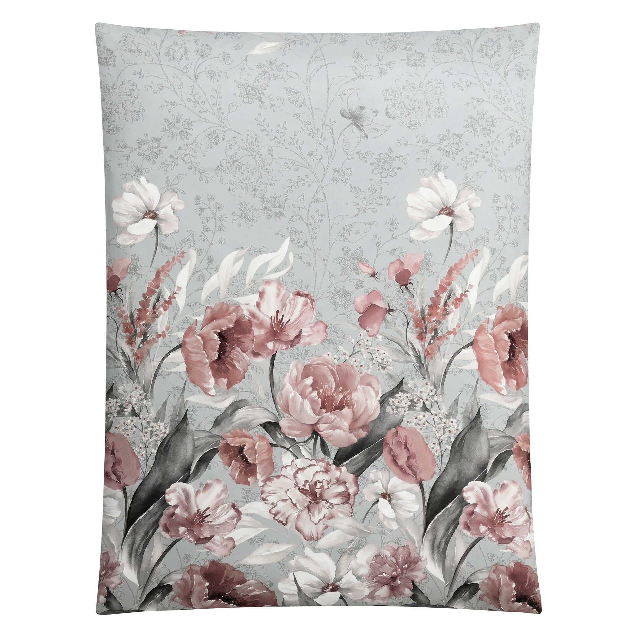 Hellblaue Bettwäsche mit floralem Muster in Rosa, Weiß und Grau.