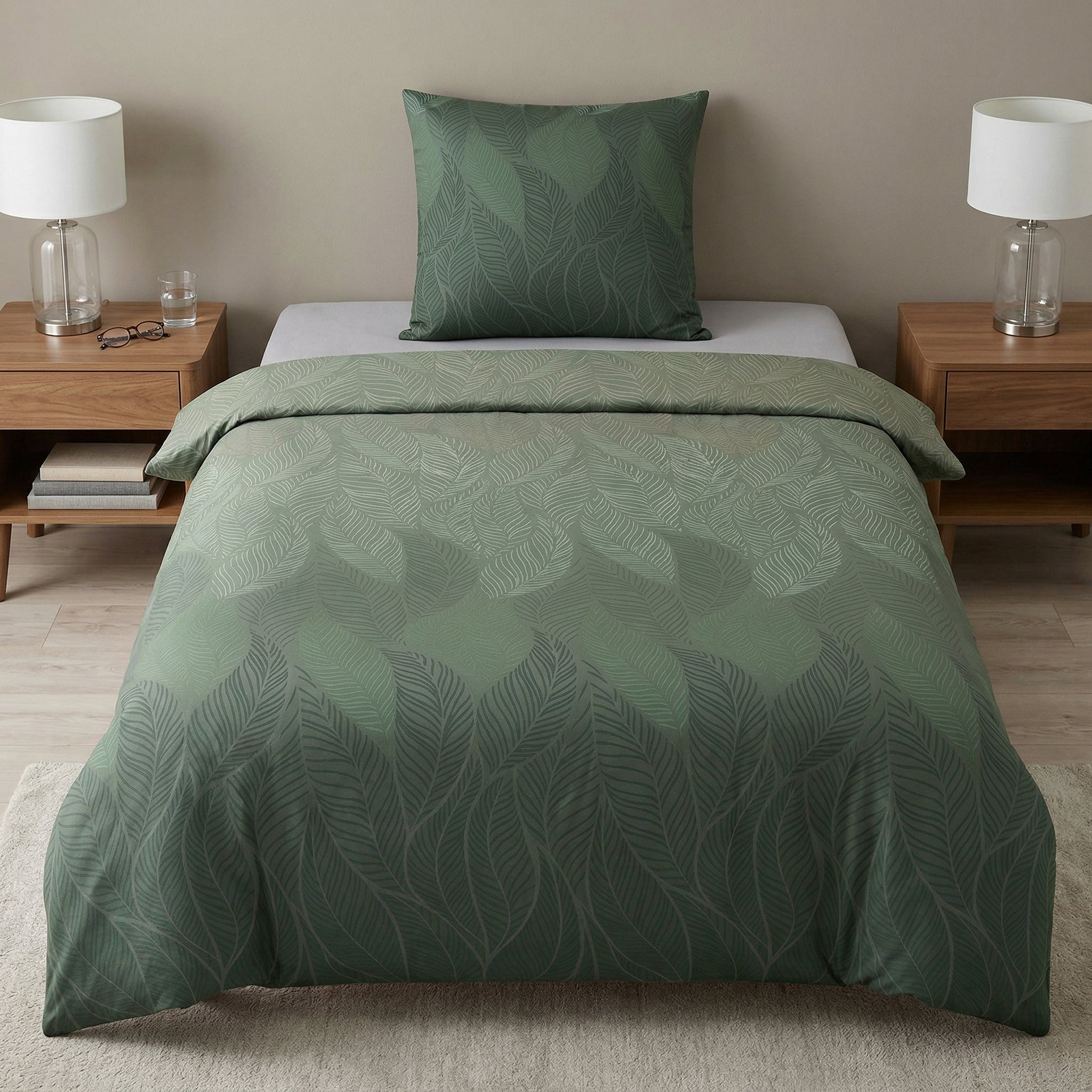 Grüne Bettwäsche mit Blättermuster auf Bett, Nachttische mit Lampen.