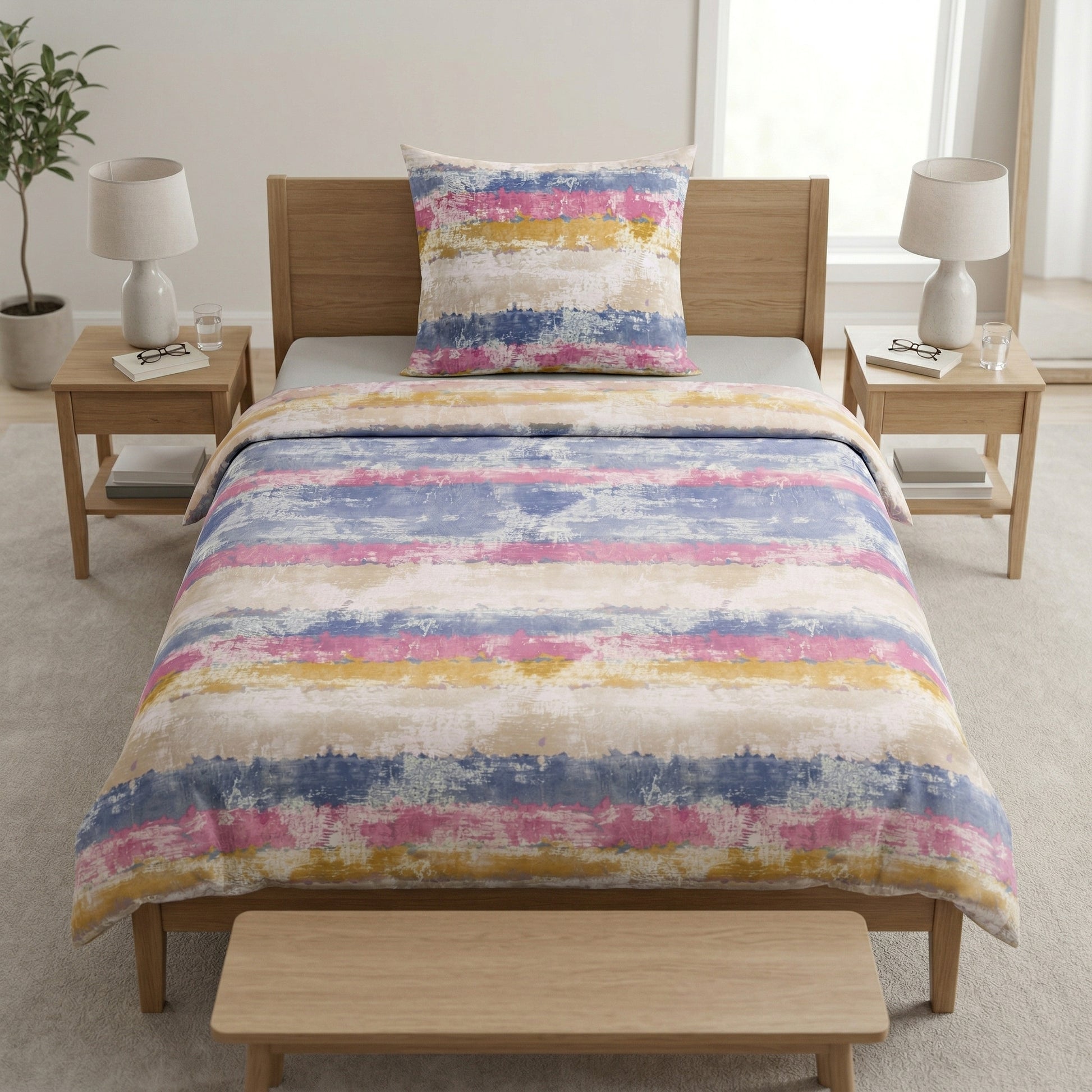 Bettwäsche mit bunten Streifen im Schlafzimmer inszeniert.