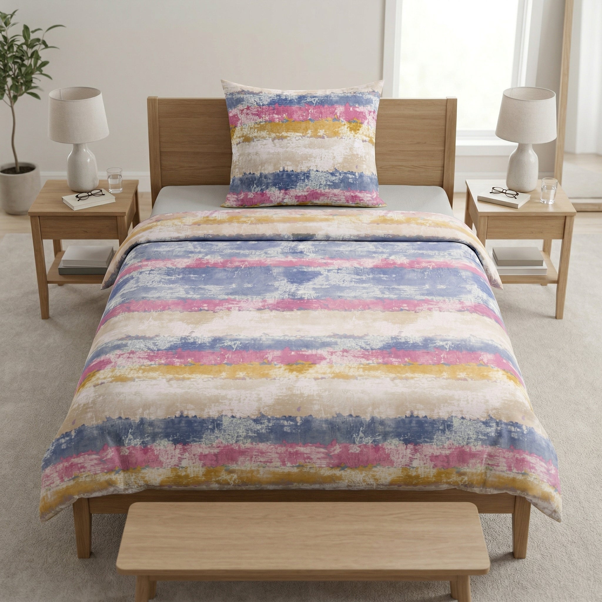 Bettwäsche mit bunten Streifen im Schlafzimmer inszeniert.