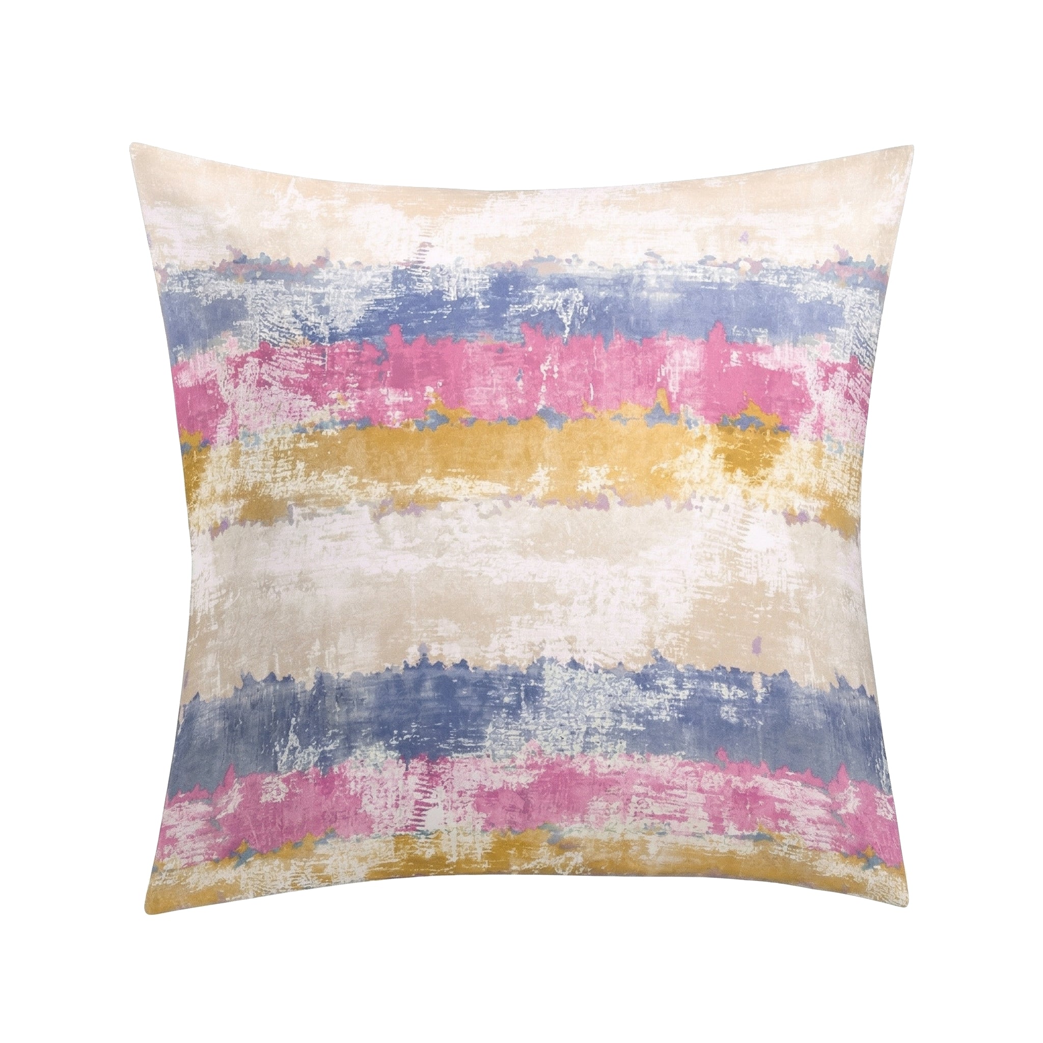 Kopfkissenbezug mit abstrakten Streifen in Blau, Rosa und Ocker.