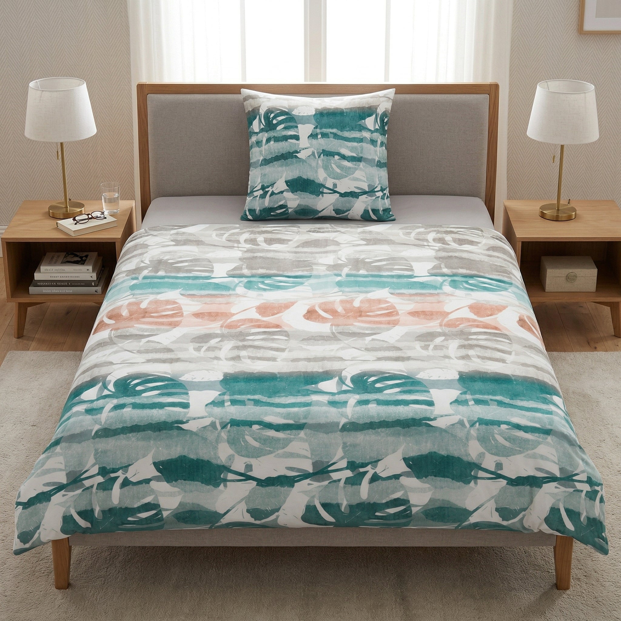 Bettwäsche mit Blättermuster in Grün und Beige im Schlafzimmer.