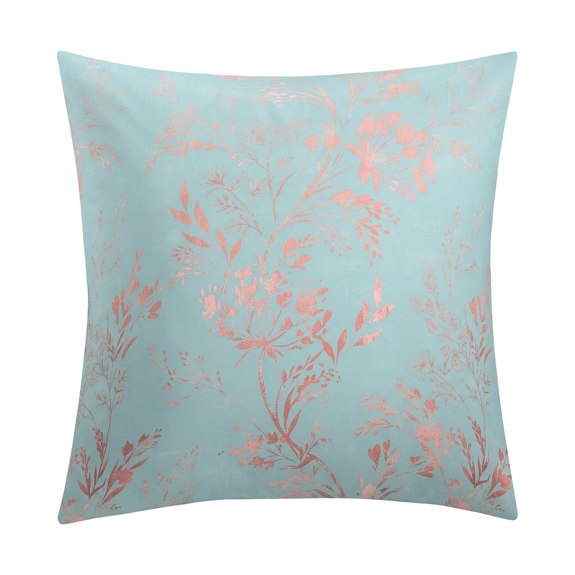 Türkiser Kopfkissenüberzug mit zartem rosa Blumenmuster.