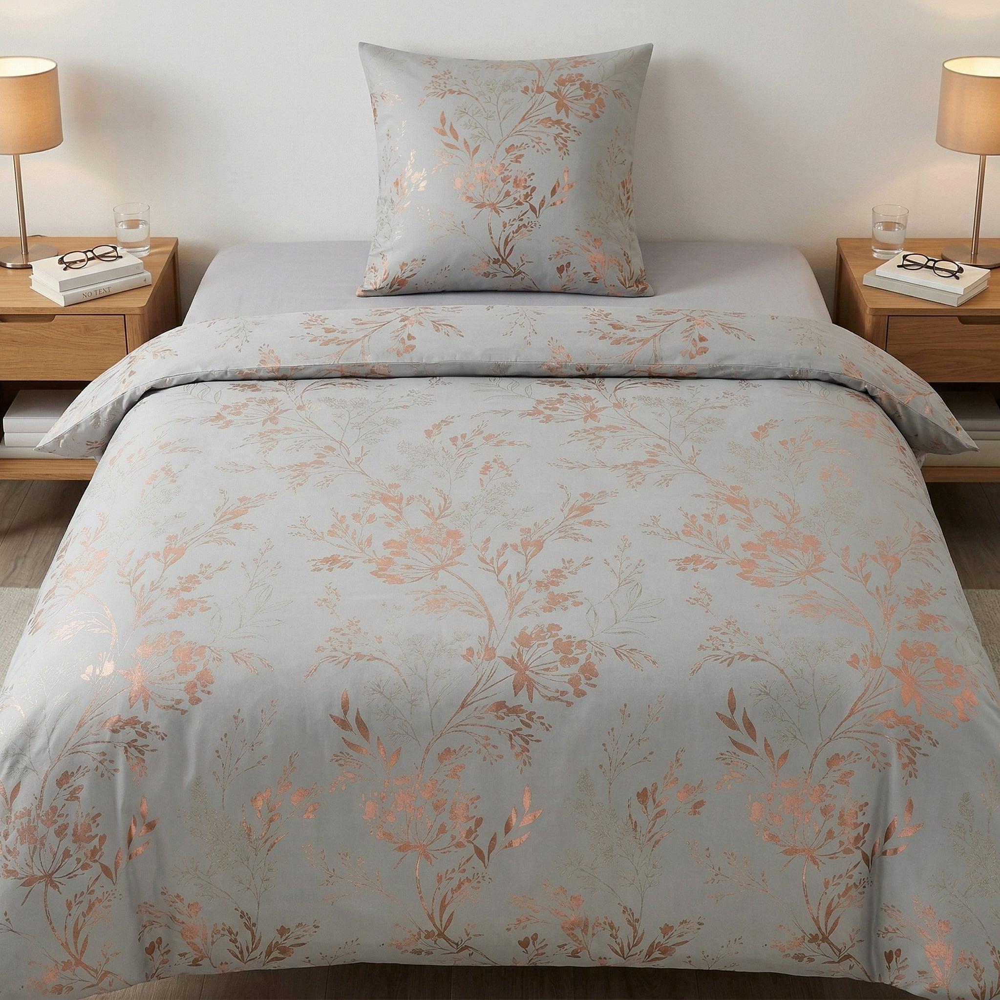 Weiße Bettwäsche mit floralem Roségold-Muster im Schlafzimmer.