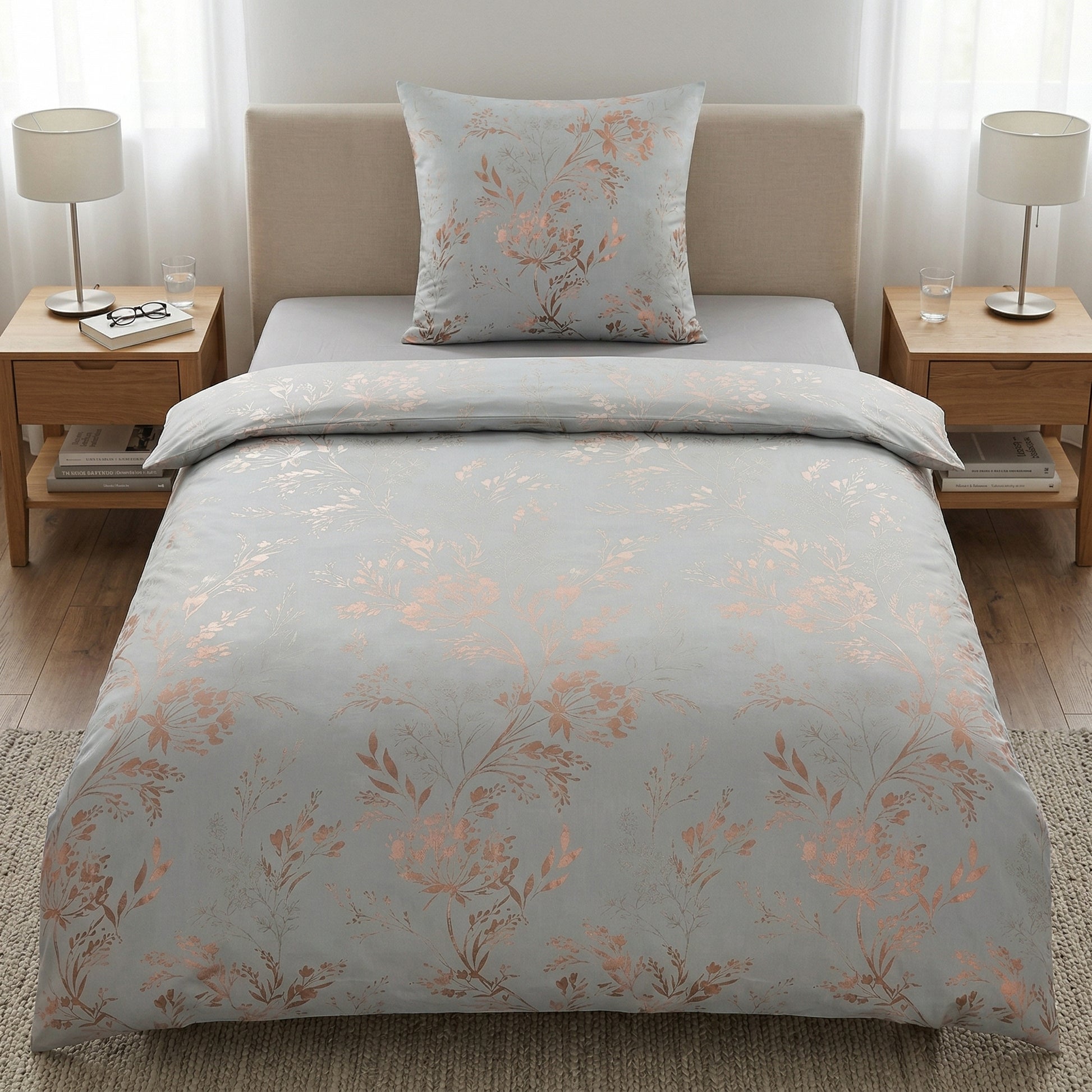 Hellblaue Bettwäsche mit floralem Muster in modernem Schlafzimmer.