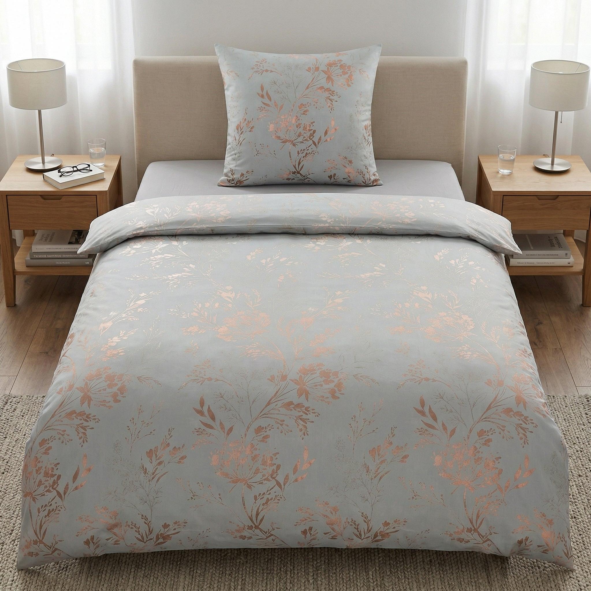 Hellblaue Bettwäsche mit floralem Muster in modernem Schlafzimmer.