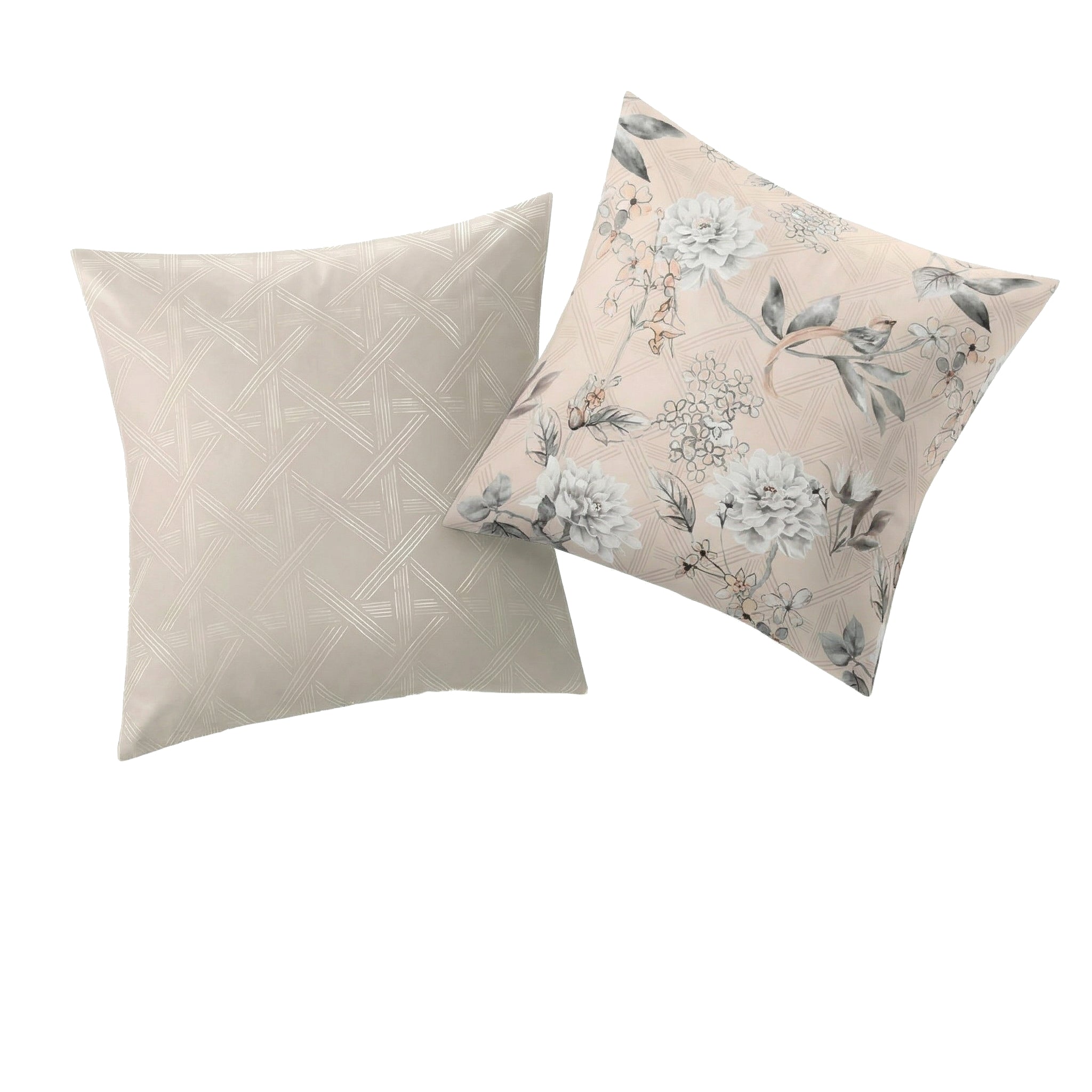 Kopfkissenüberzug in Beige mit floralem Muster und Liniendesign.