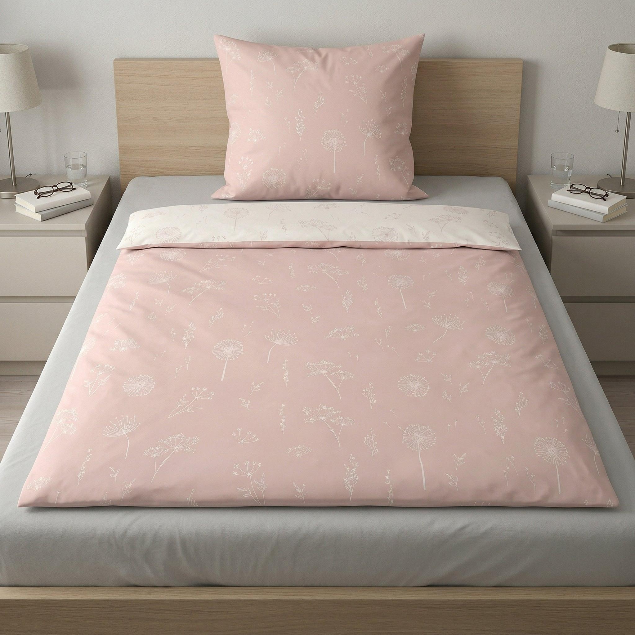Rosa Bettwäsche mit zartem Blumenmuster auf einem Bett.