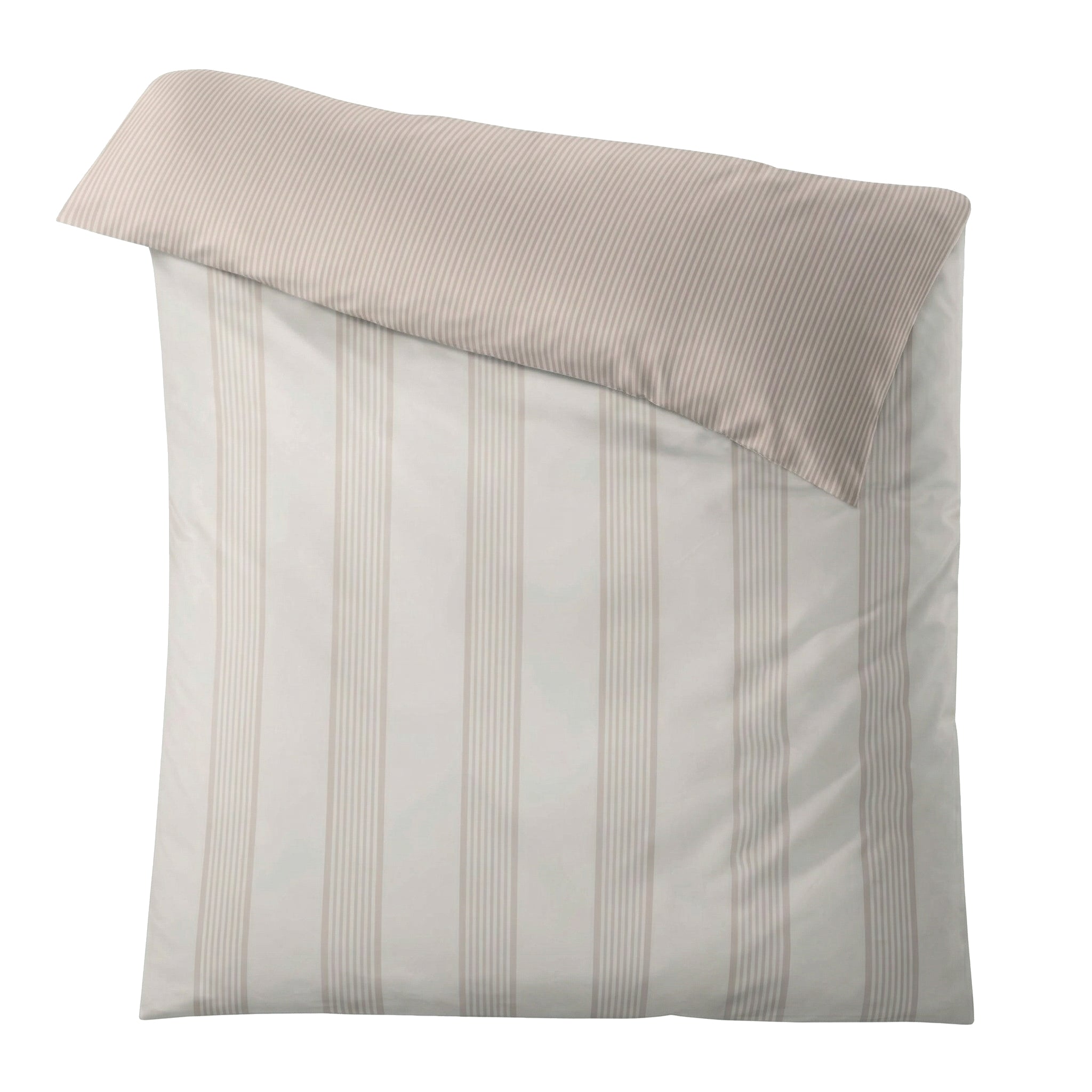 Weiße Bettwäsche mit beigefarbenen Längsstreifen.