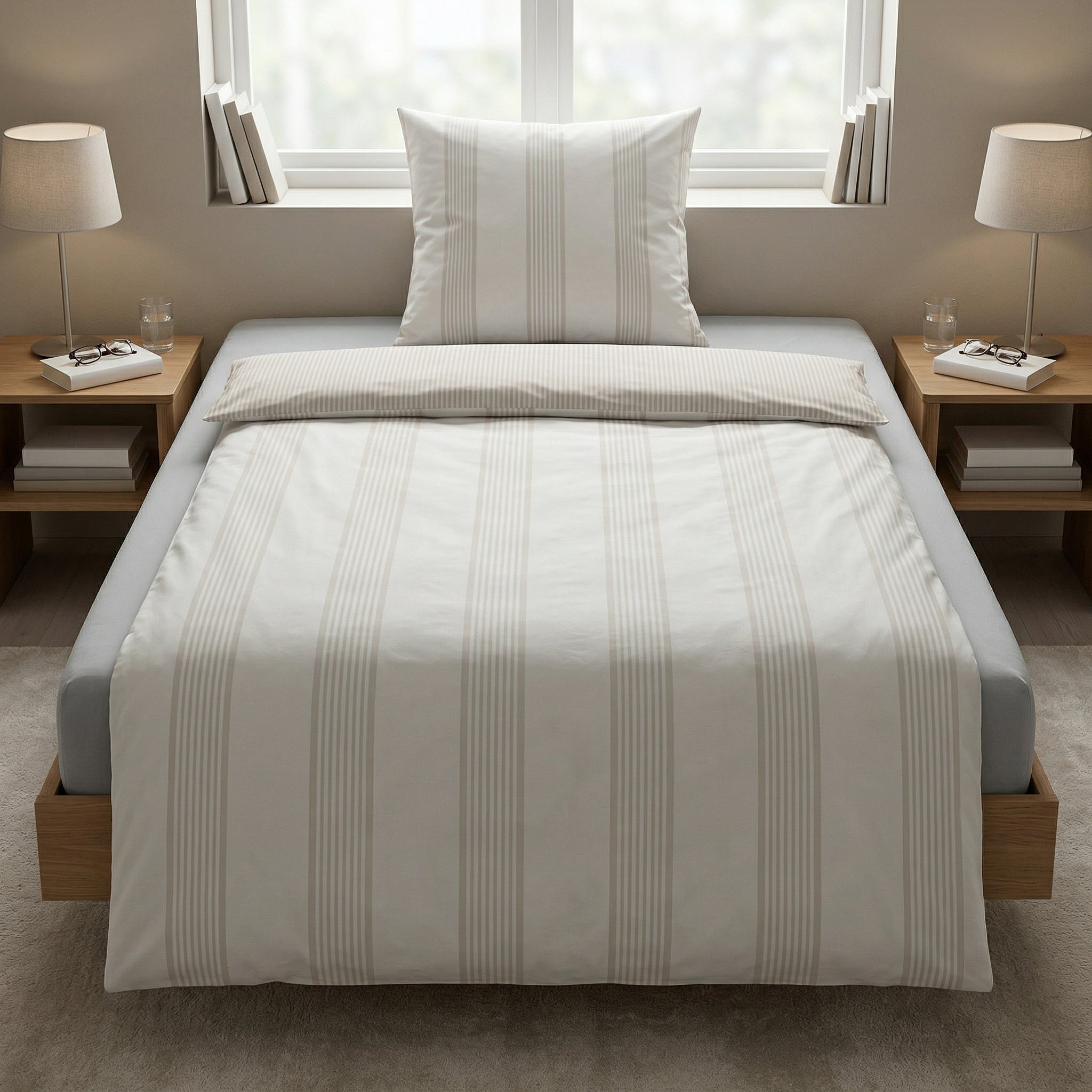 Gestreifte Bettwäsche in Beige-Weiß auf modernem Bett.
