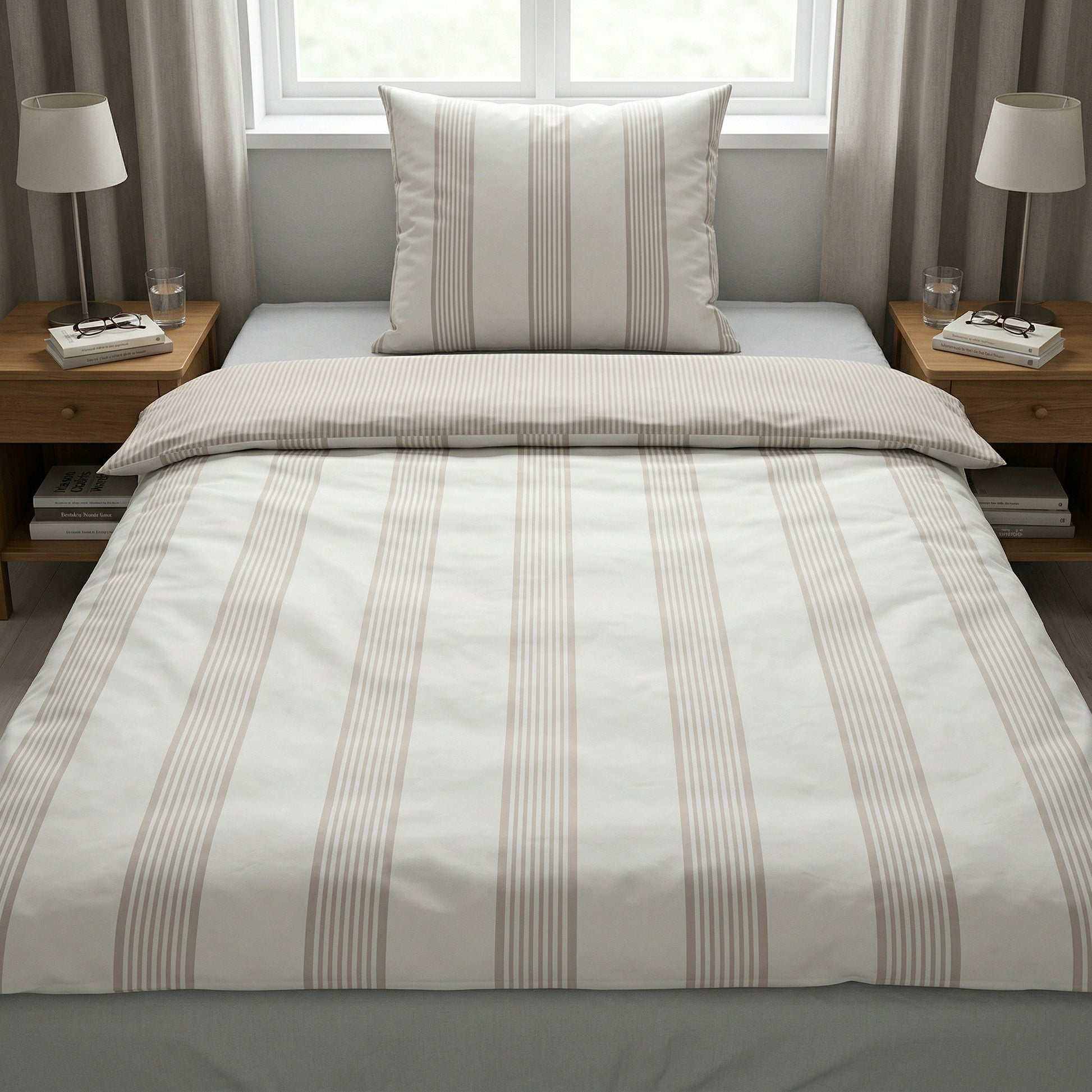 Gestreifte Bettwäsche in Beige-Weiß auf ordentlich gemachtem Bett.