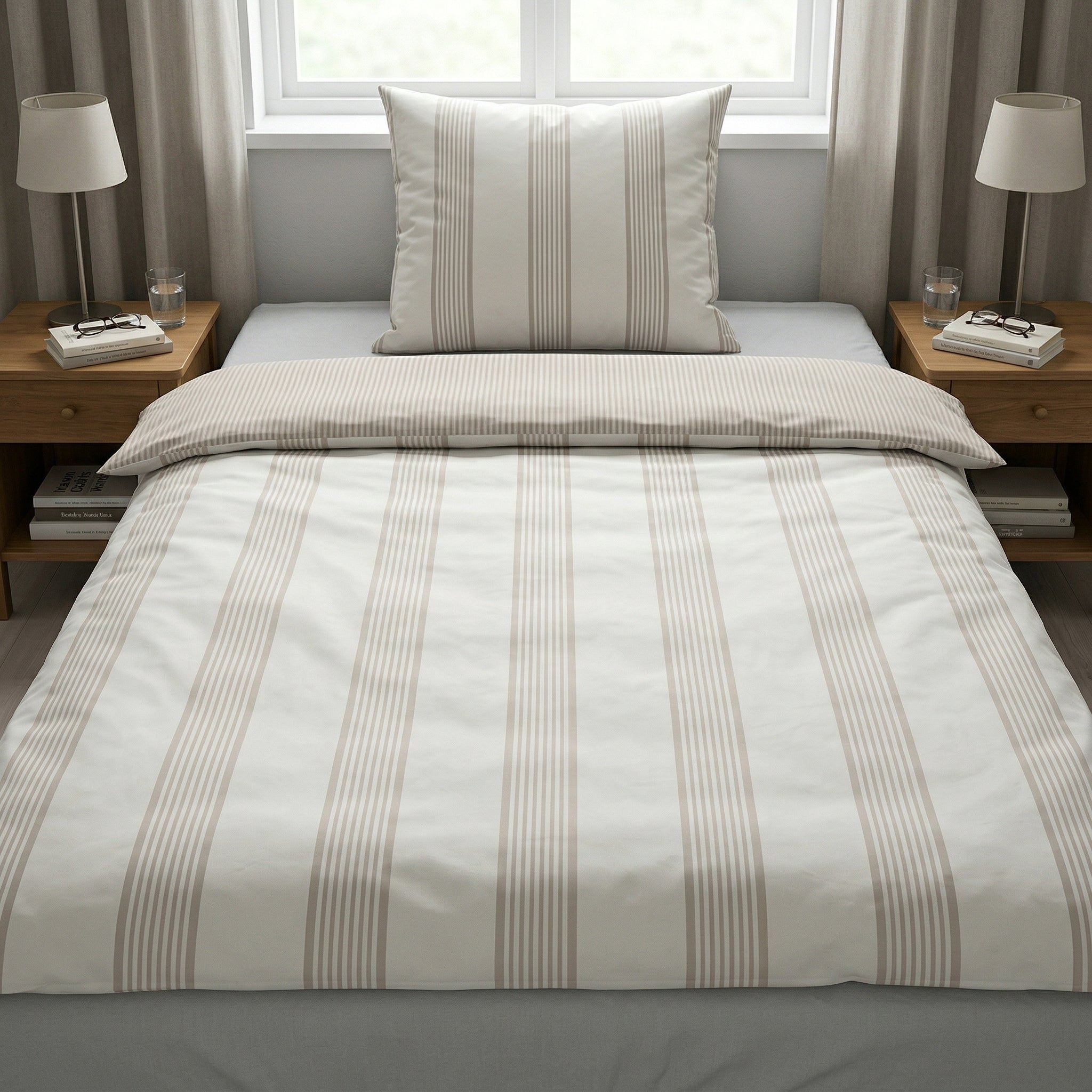 Gestreifte Bettwäsche in Beige-Weiß auf ordentlich gemachtem Bett.