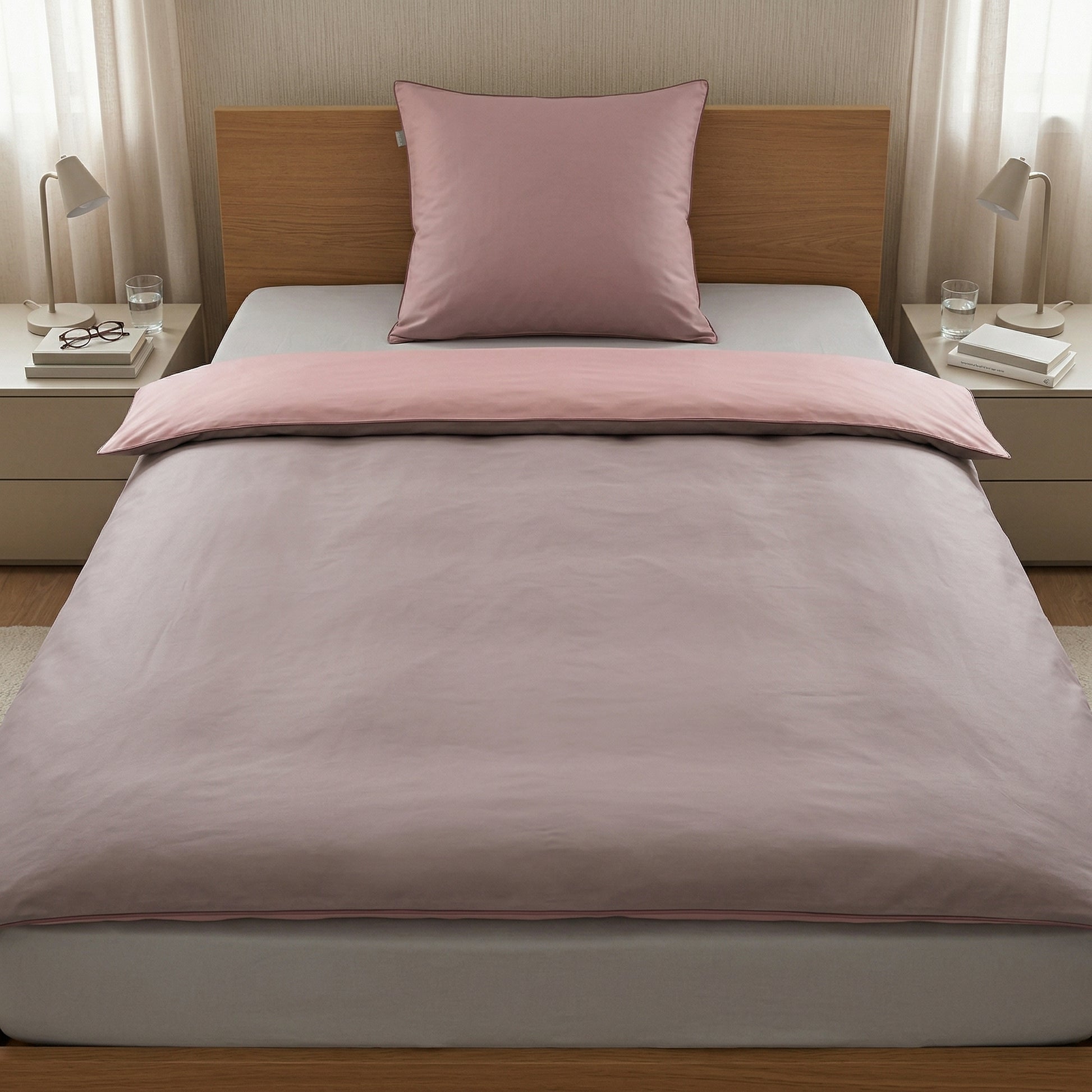 Rosa Bettwäsche mit Kissen auf modernem Bett im Schlafzimmer.