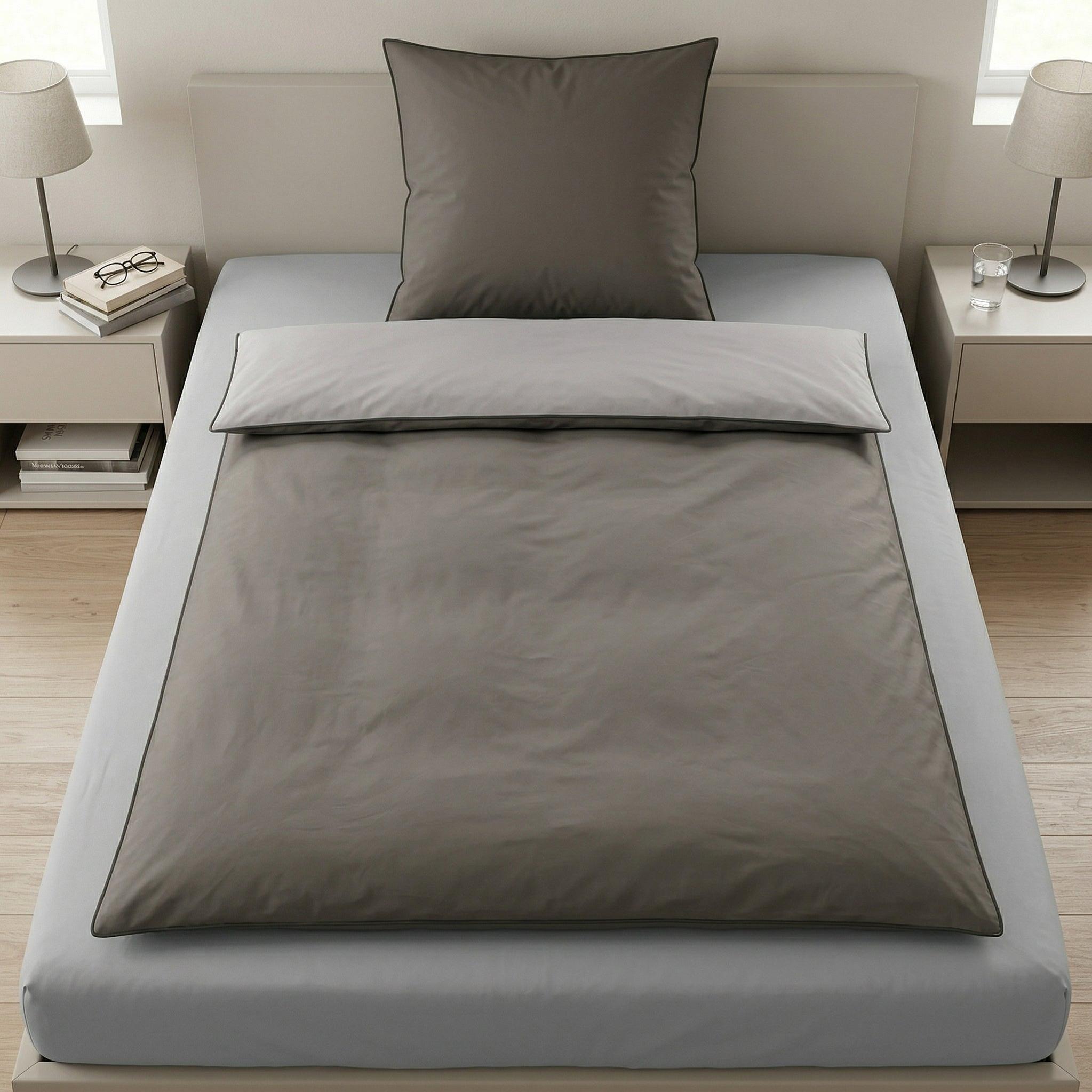 Graue Bettwäsche mit Kissen in modernem Schlafzimmer.