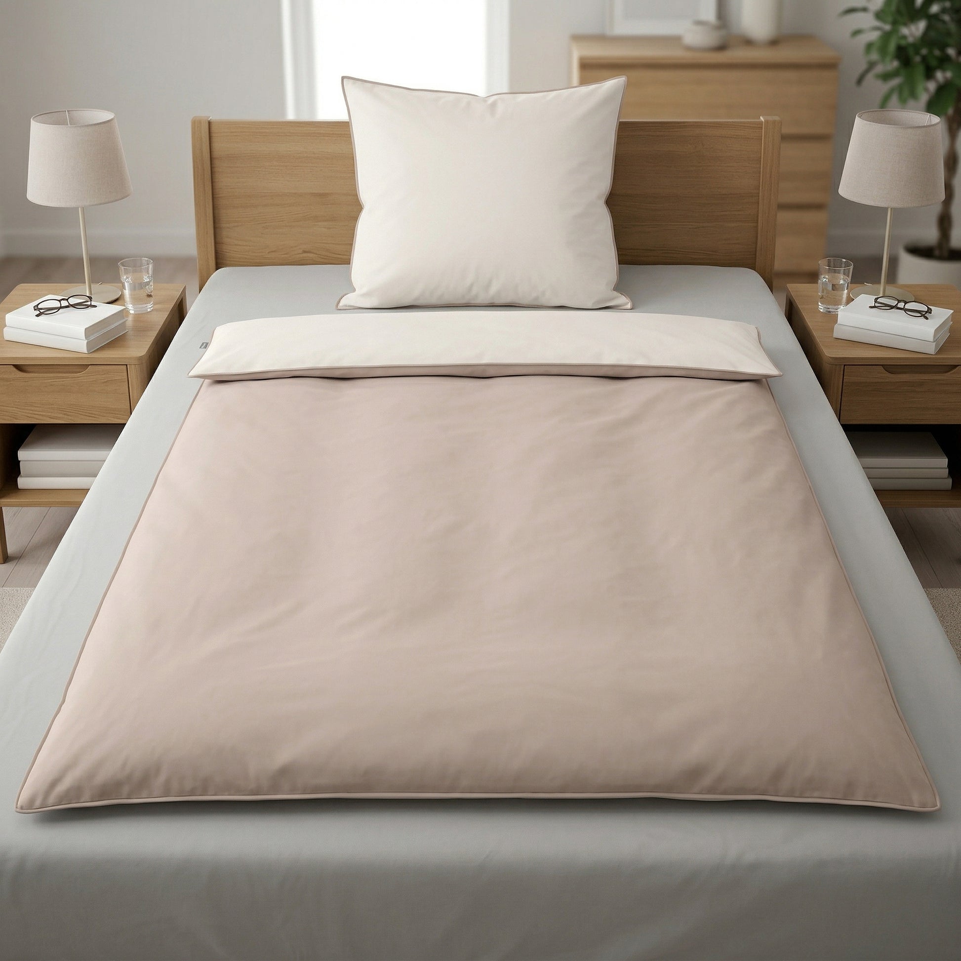 Beige Bettwäsche mit Kissen auf Holzbett, Nachttische und Lampen.