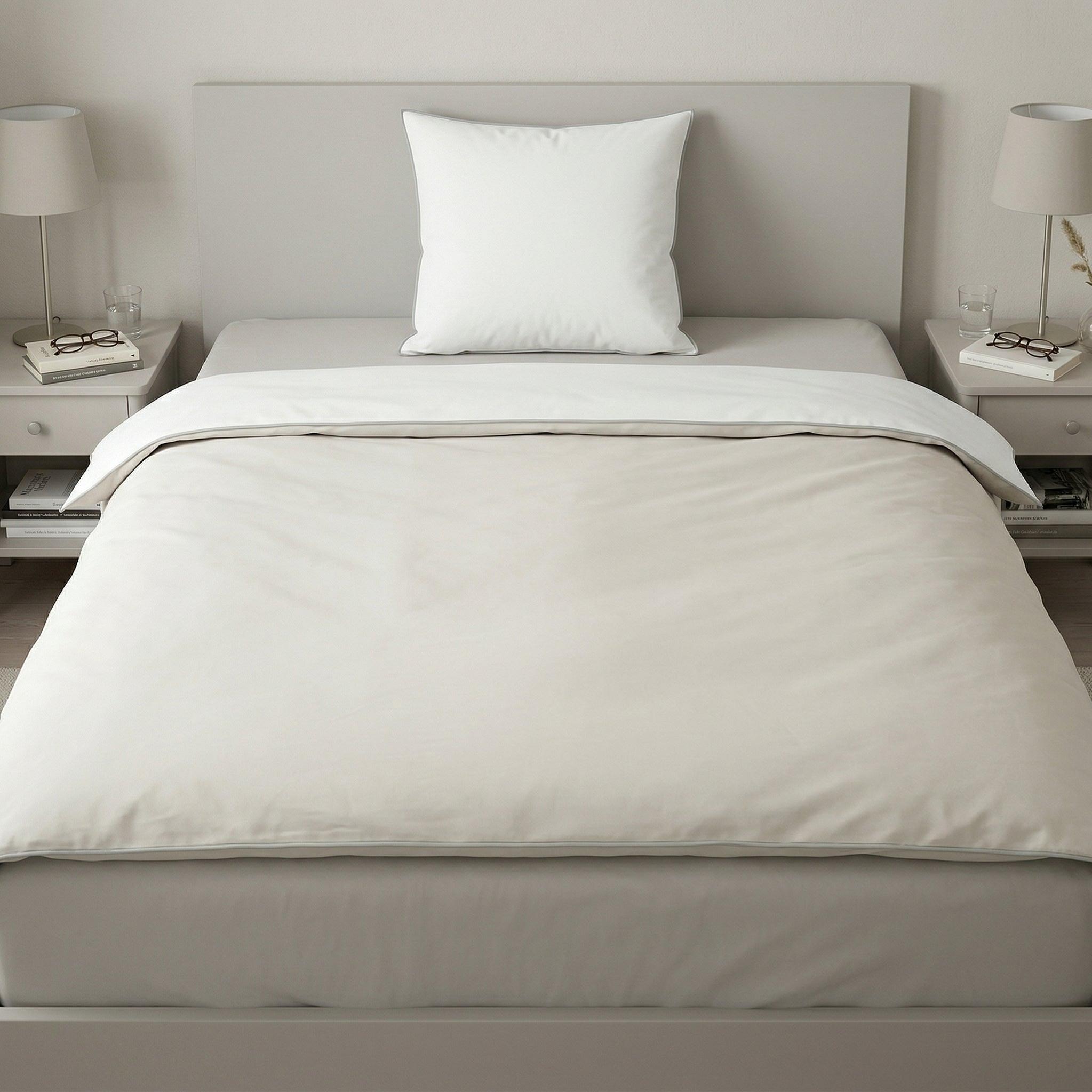 Weißer Bettbezug auf gemachtem Bett im minimalistischen Schlafzimmer.