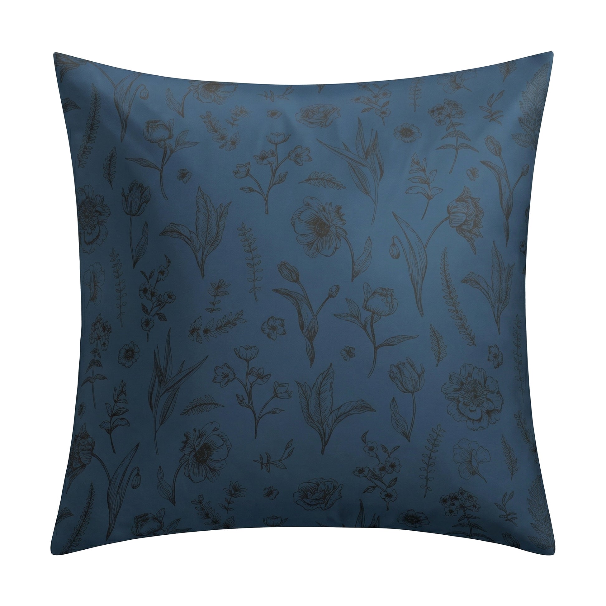 Blauer Kopfkissenüberzug mit feinem floralem Linienmuster.