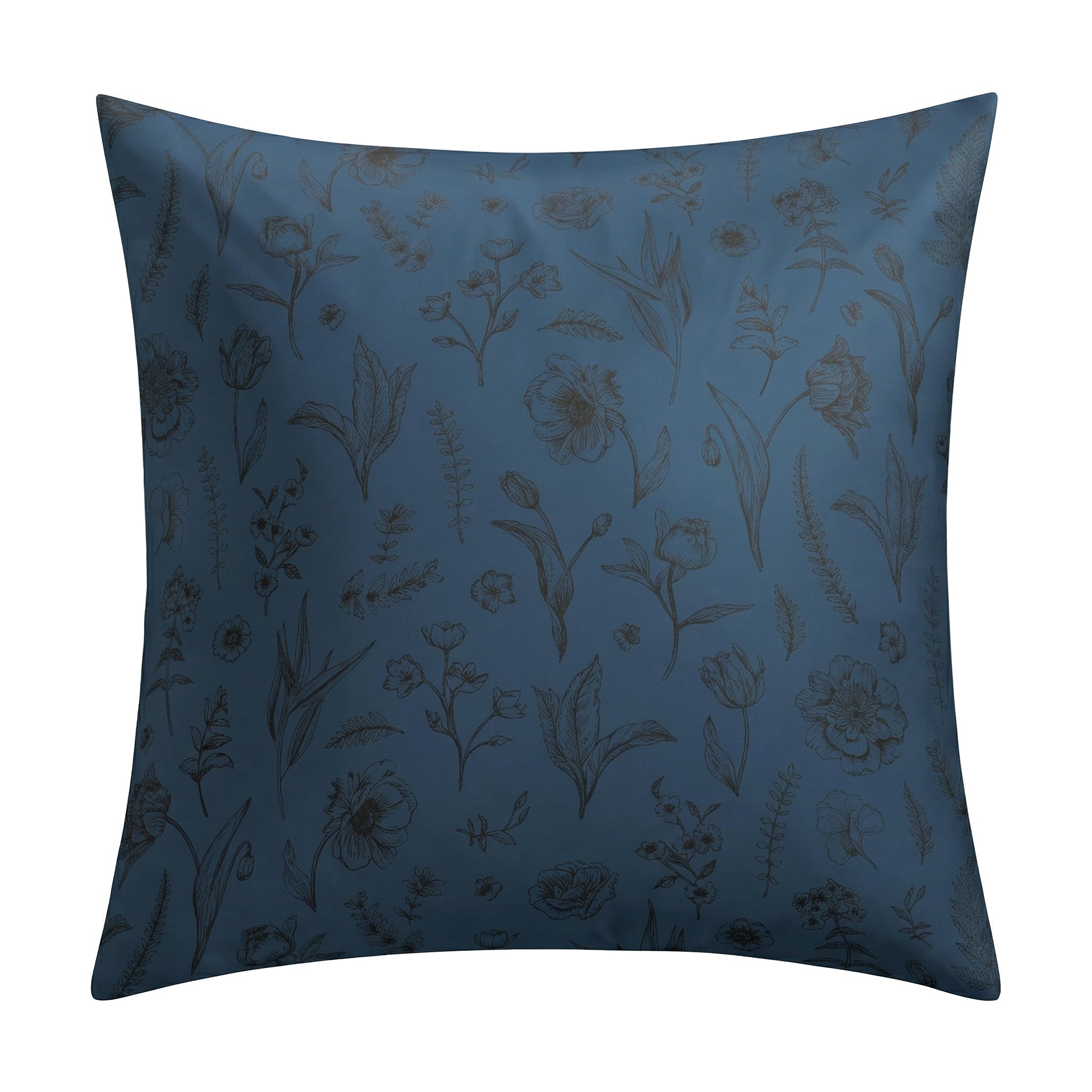 Blauer Kopfkissenüberzug mit feinem floralem Linienmuster.