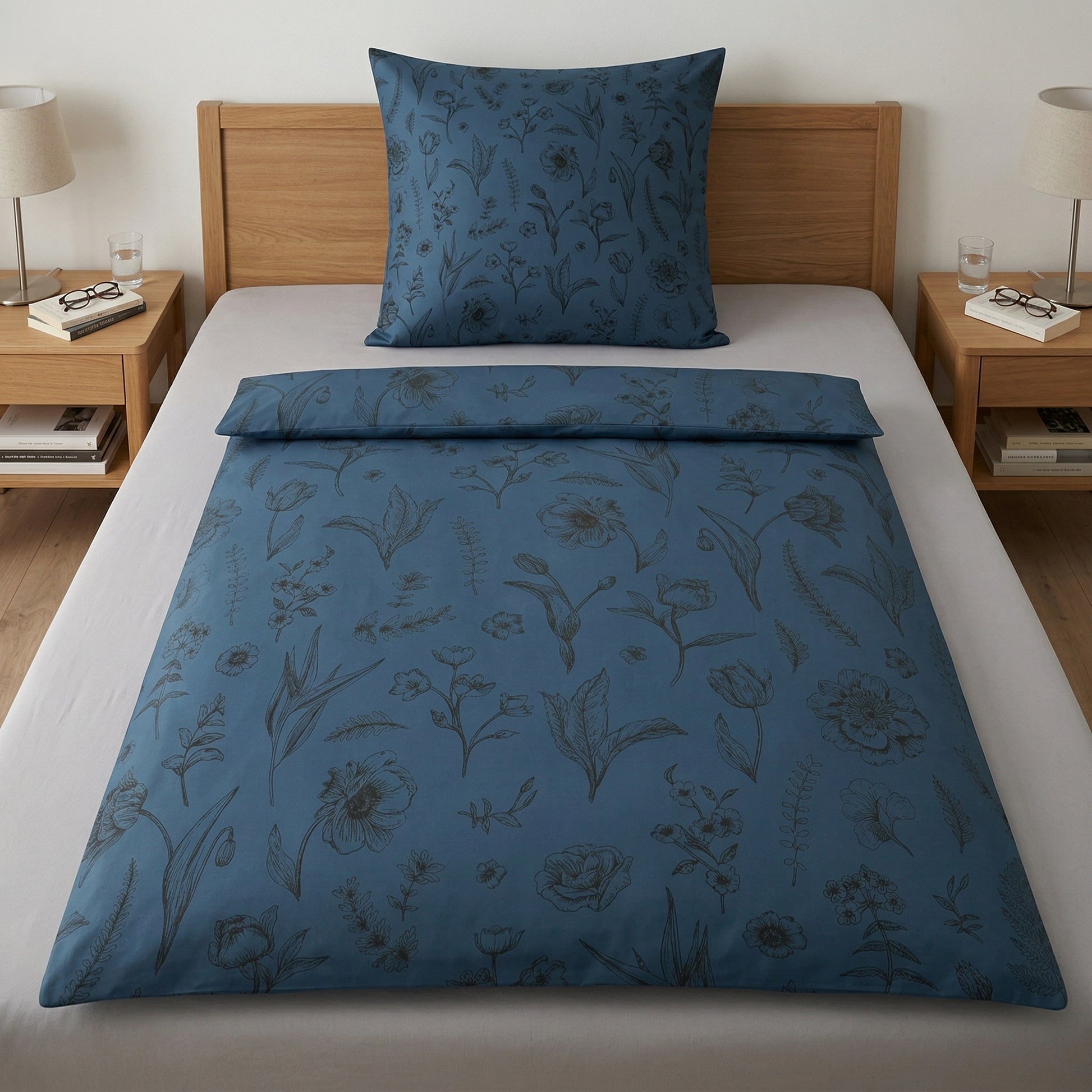 Blaue Bettwäsche mit Blumenmuster auf Bett zwischen zwei Nachttischen