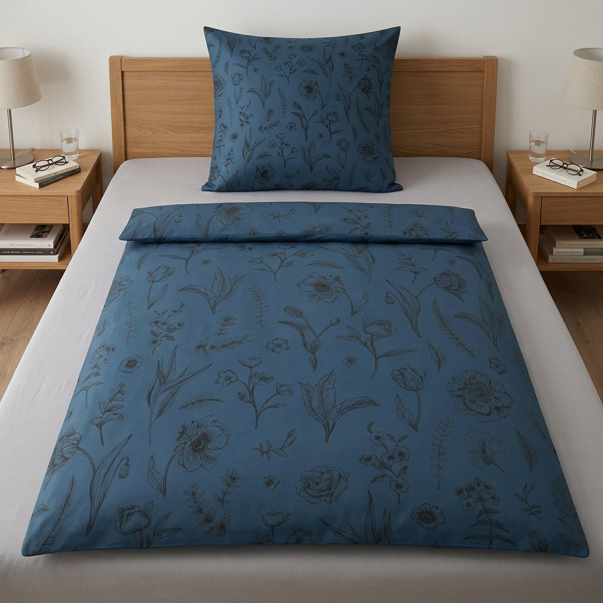 Blaue Bettwäsche mit Blumenmuster auf Bett zwischen zwei Nachttischen