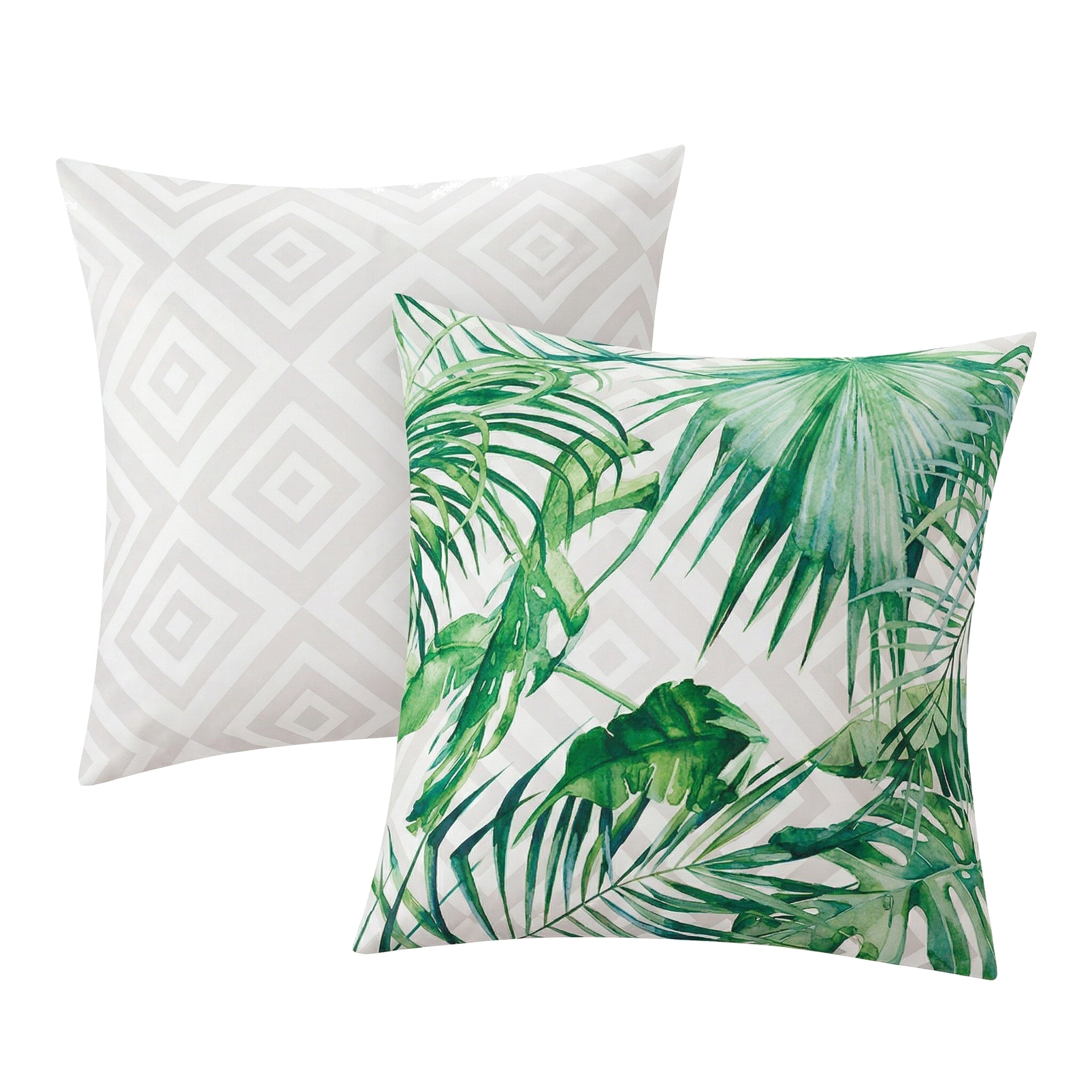 Weißer Kopfkissenüberzug mit grünen Tropenblättern und Rautenmuster.