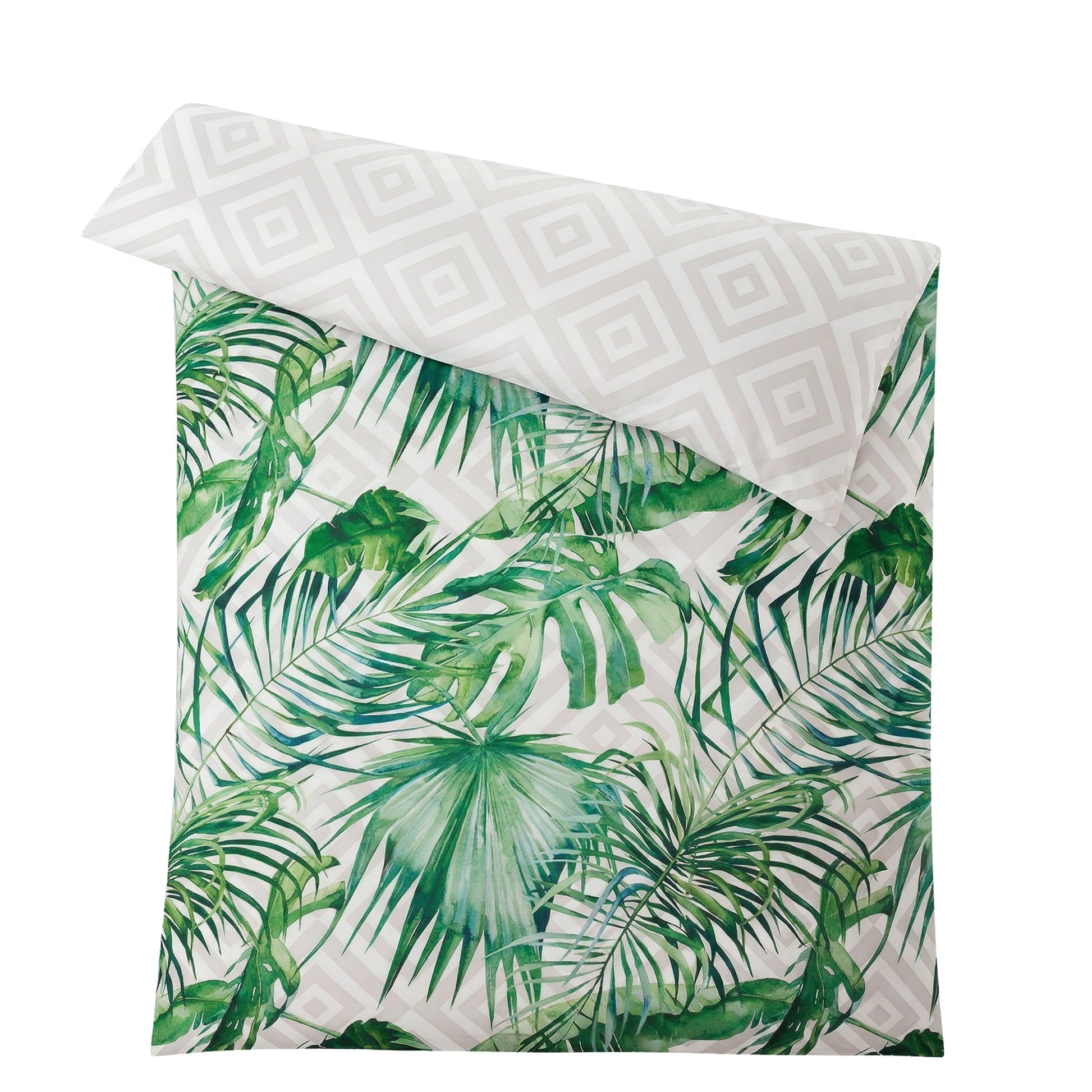 Weiße Bettwäsche mit grünen Tropenblättern und Rautenmuster.