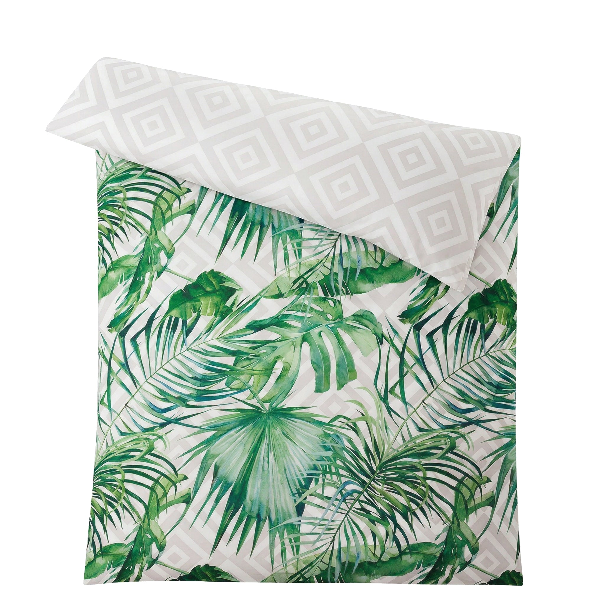 Weiße Bettwäsche mit grünen Tropenblättern und Rautenmuster.