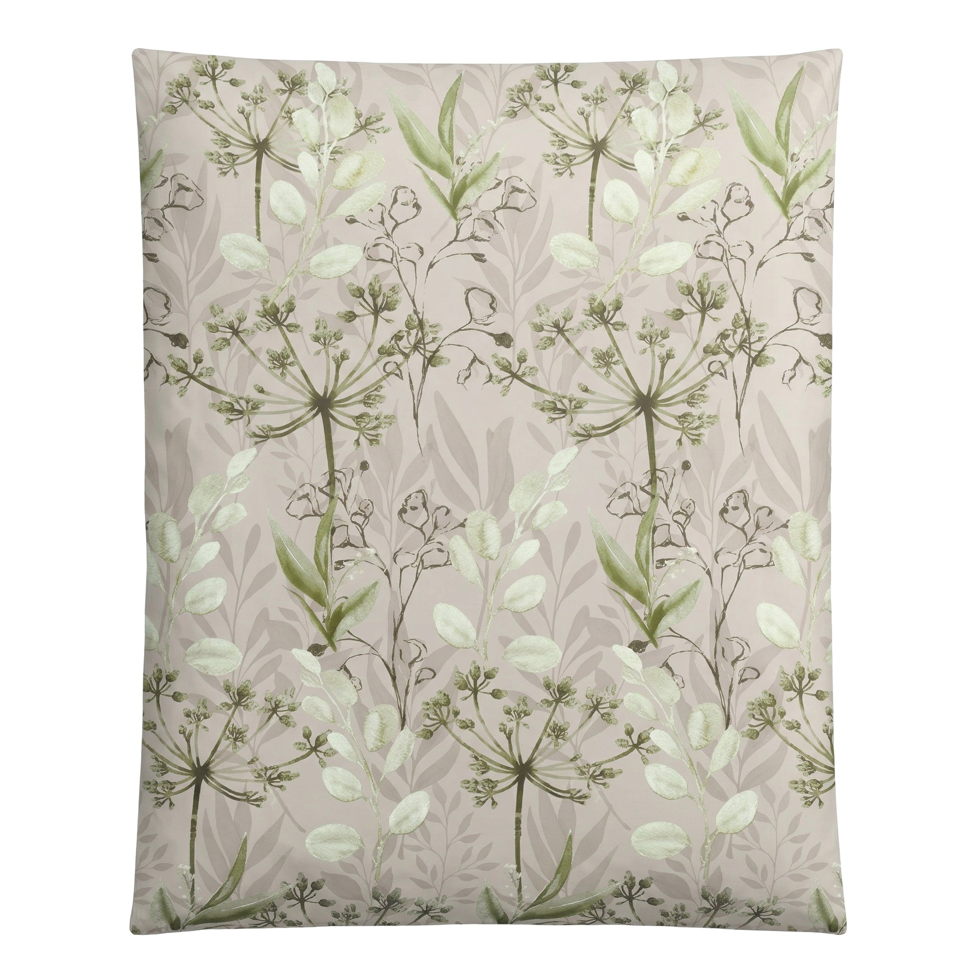 Roséfarbene Bettwäsche mit grünem floralem Blättermuster.