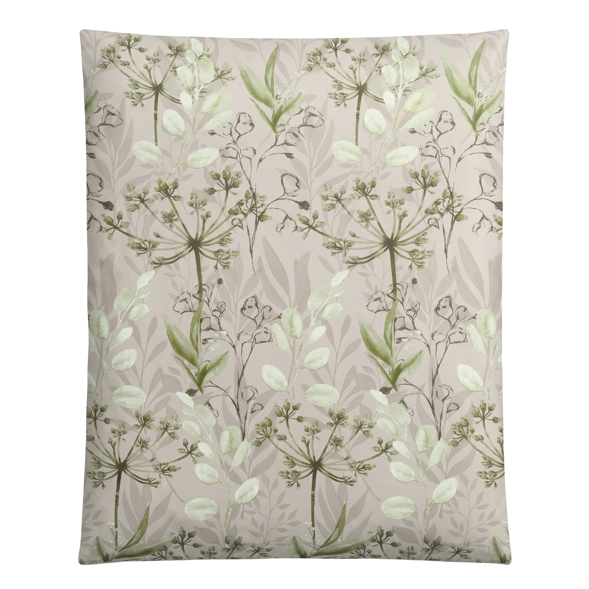 Roséfarbene Bettwäsche mit grünem floralem Blättermuster.