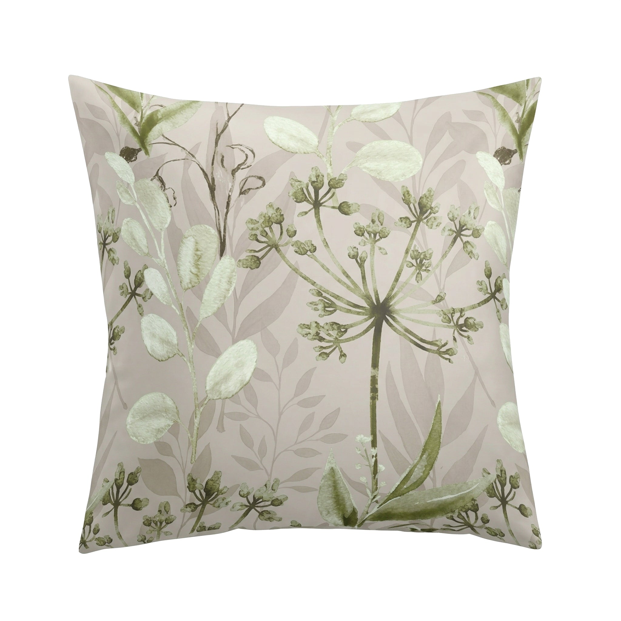 Beiger Kopfkissenüberzug mit zartgrünem floralem Blättermuster.