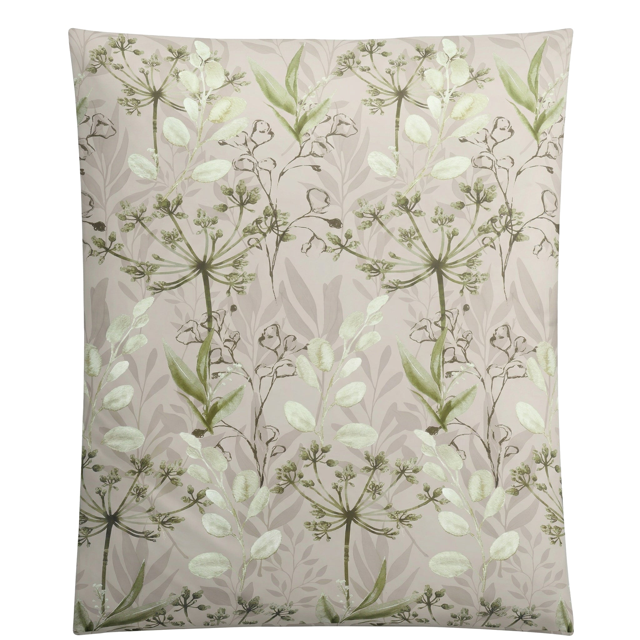 Bettwäsche in Rosé mit grünem floralem Blättermuster.