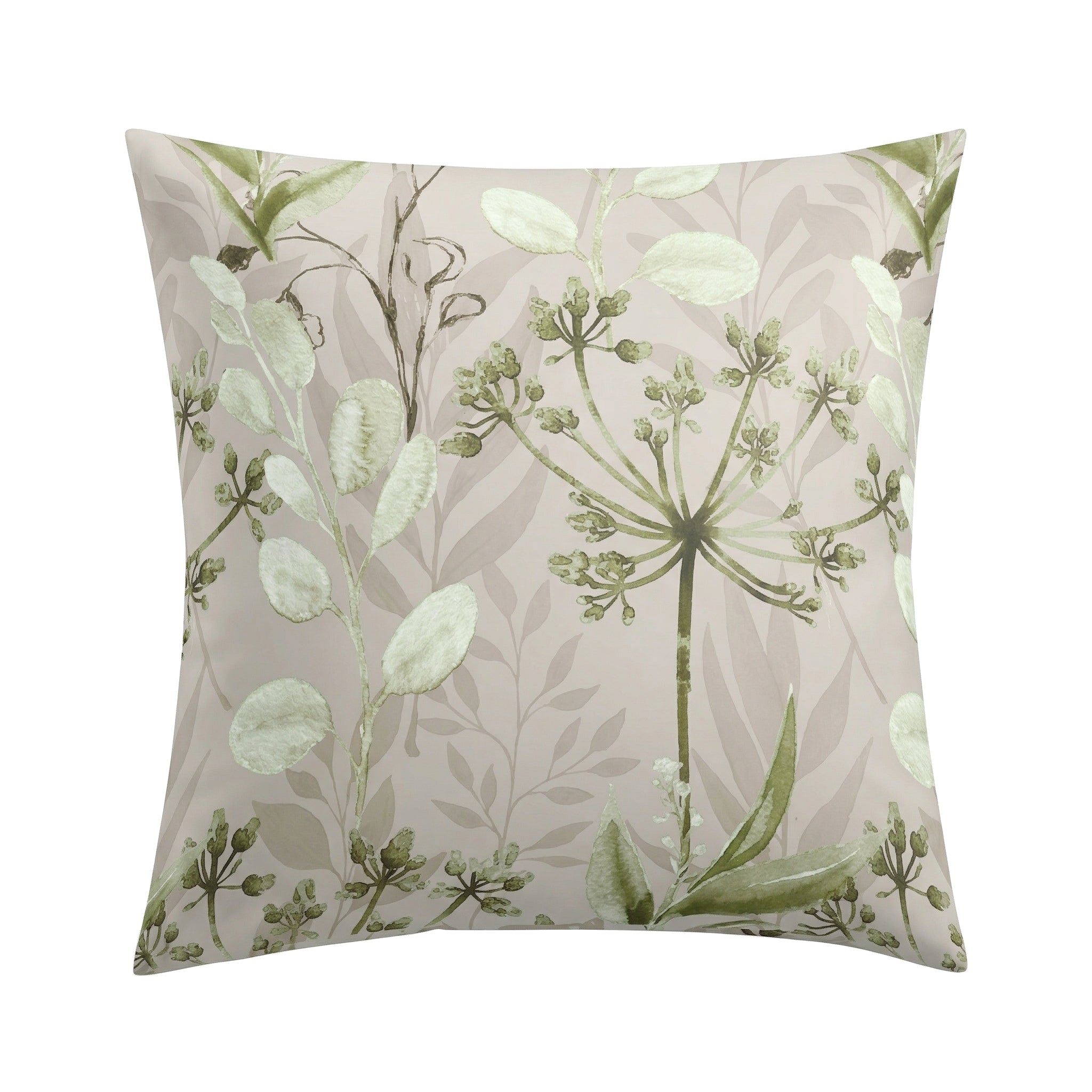 Kopfkissenüberzug in Beige mit zartgrünem floralem Muster.