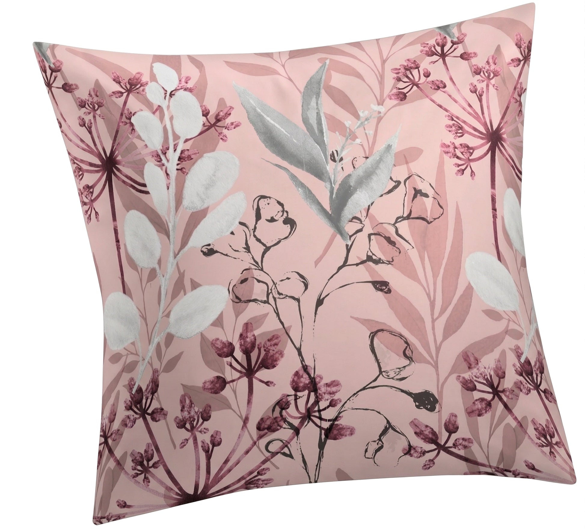 Rosa Kopfkissenüberzug mit zartem floralem Blättermuster.