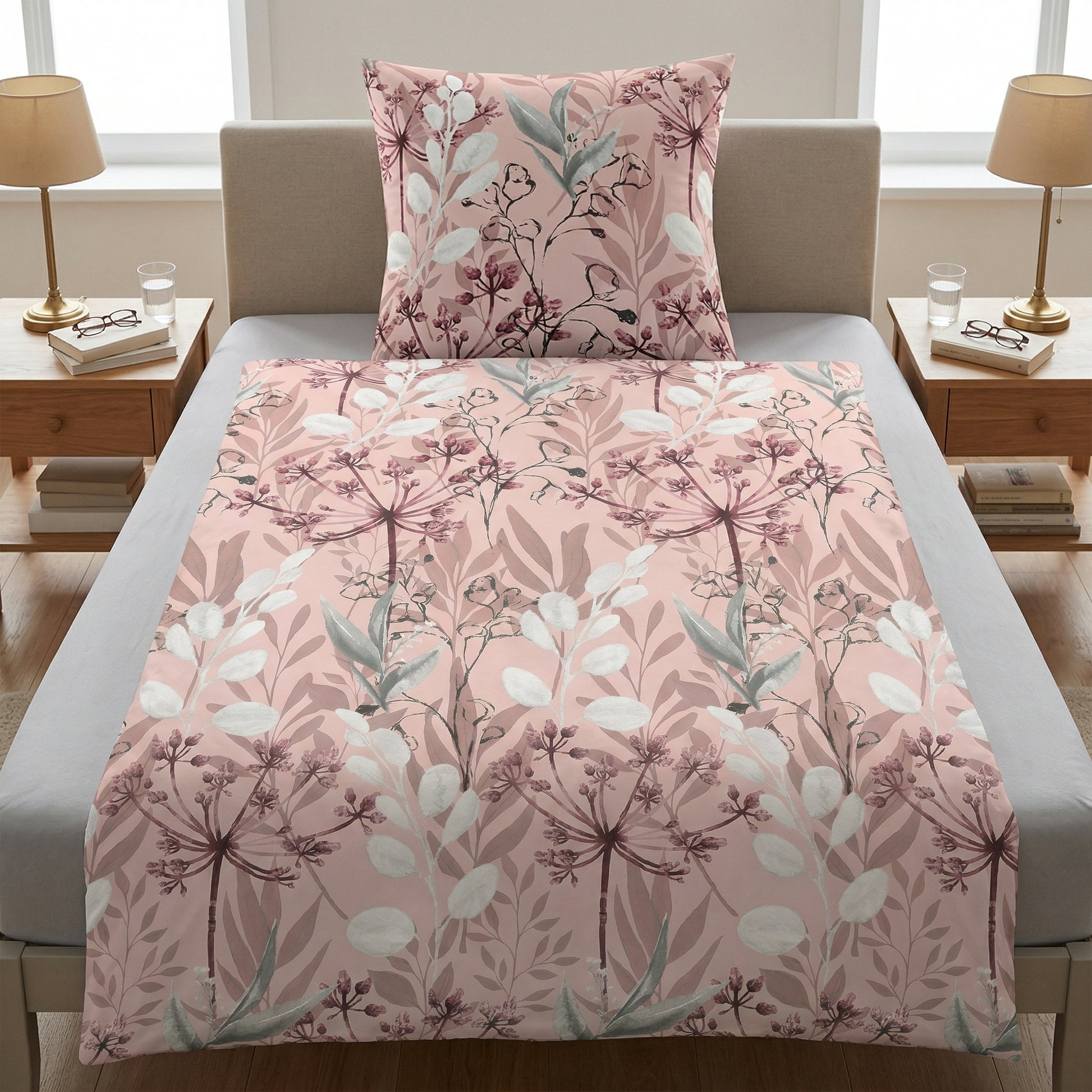 Rosa Bettwäsche mit floralem Muster auf Bett im hellen Schlafzimmer.